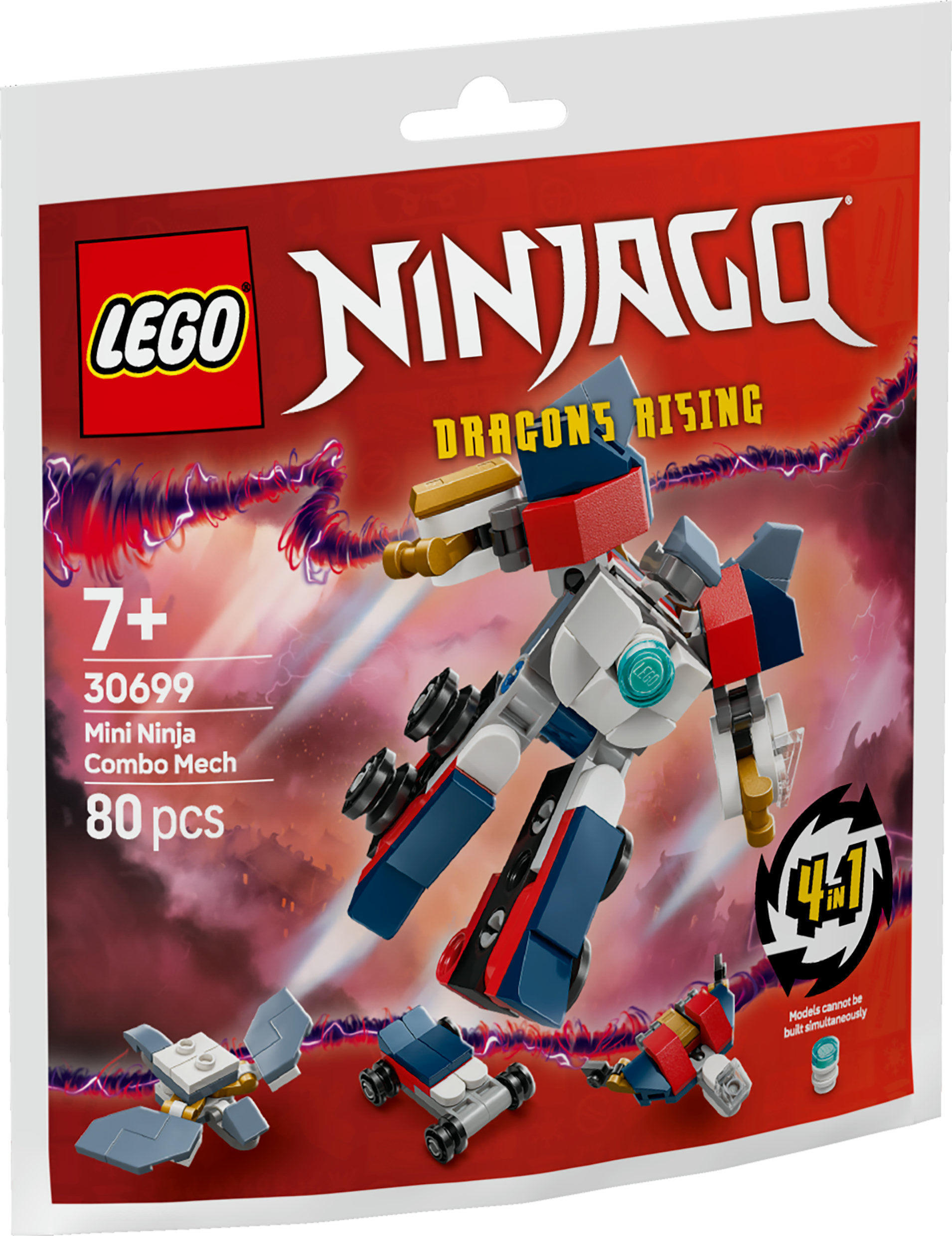 Zestaw Lego Ninjago Dragons Rising. Pokazuje mecha, małe pojazdy i samolot. Dominują kolory czerwony i niebieski.
