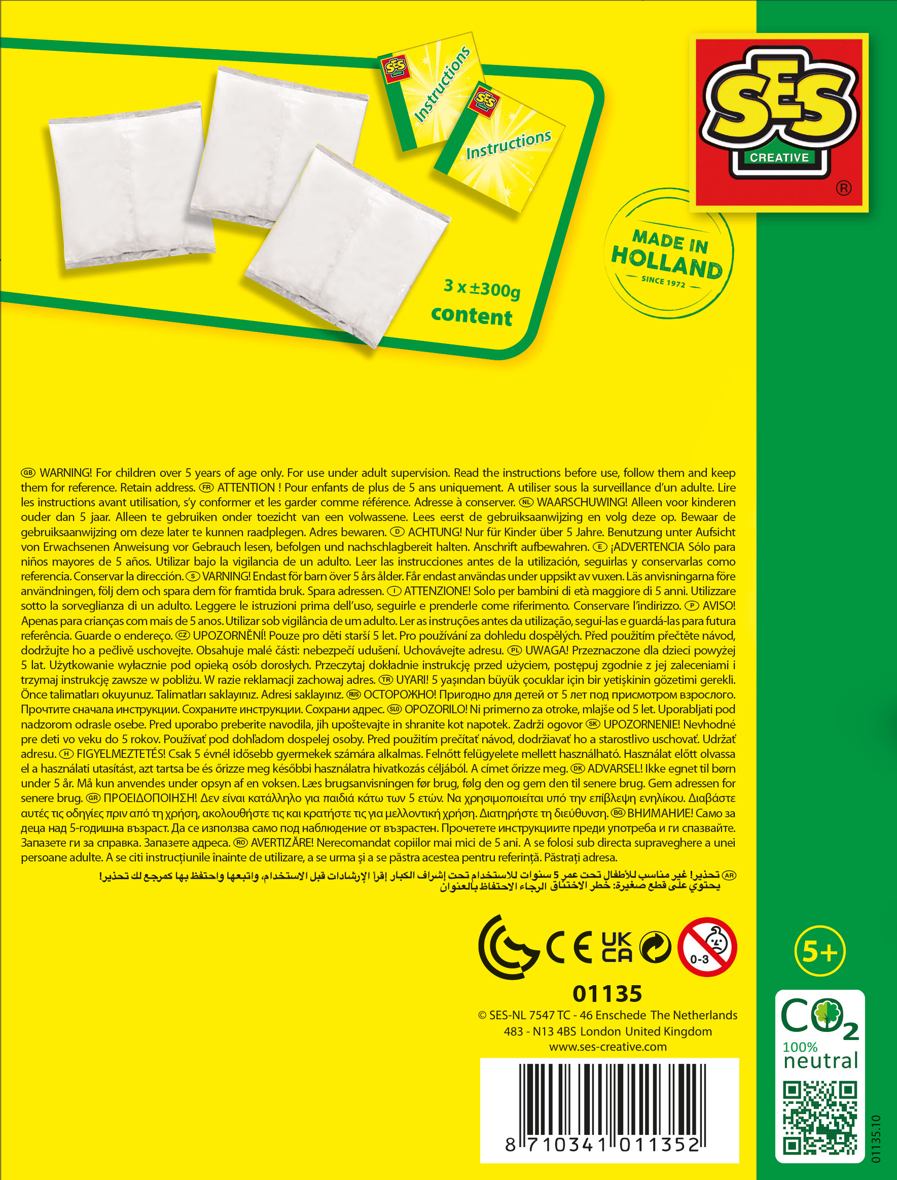 Opakowanie z instrukcjami, logo i pieczątką 'Made in Holland'.