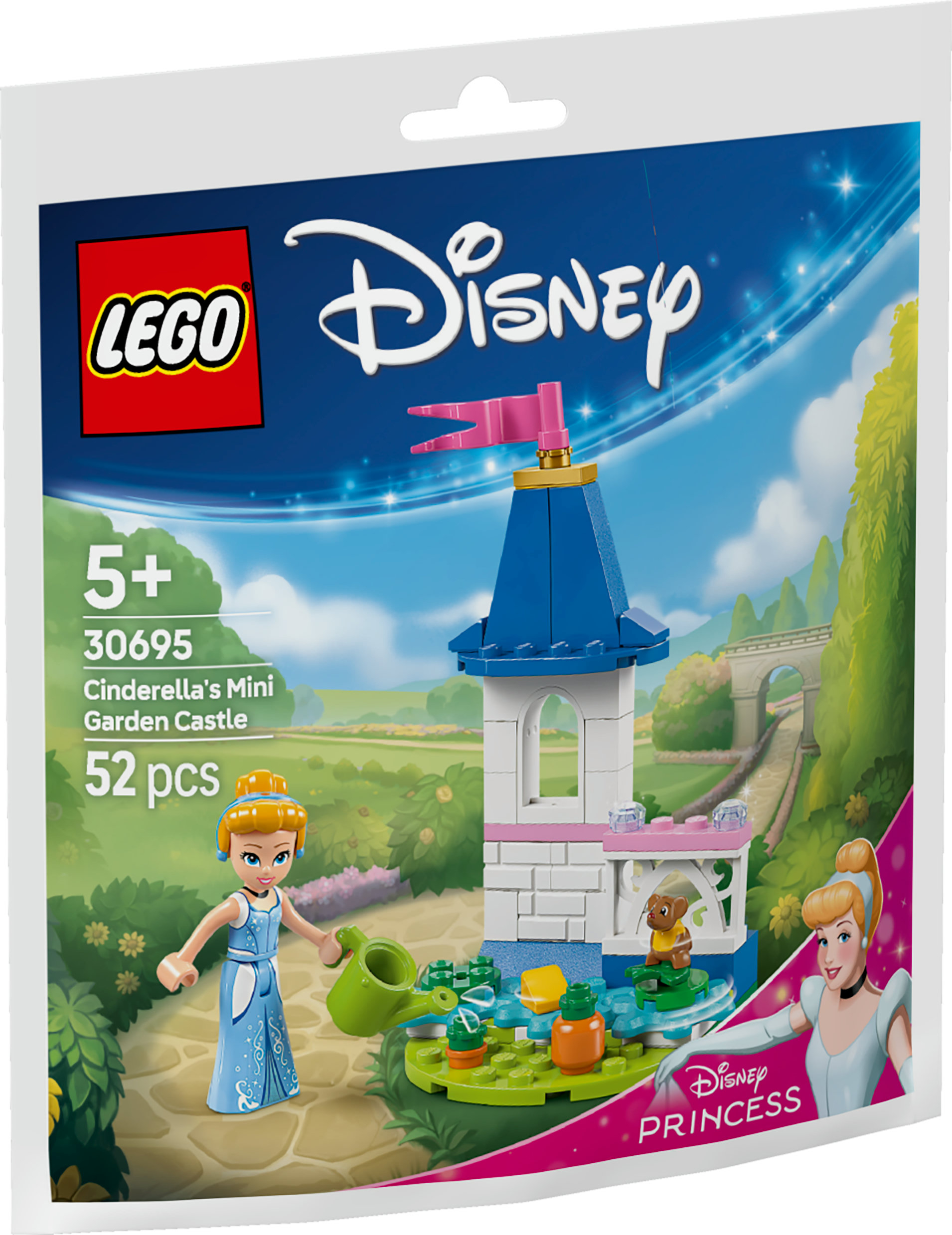 Zestaw Lego Disney Kopciuszek. Zawiera figurkę Kopciuszka, zamek w ogrodzie, elementy ogrodu i logo Disney Princess.