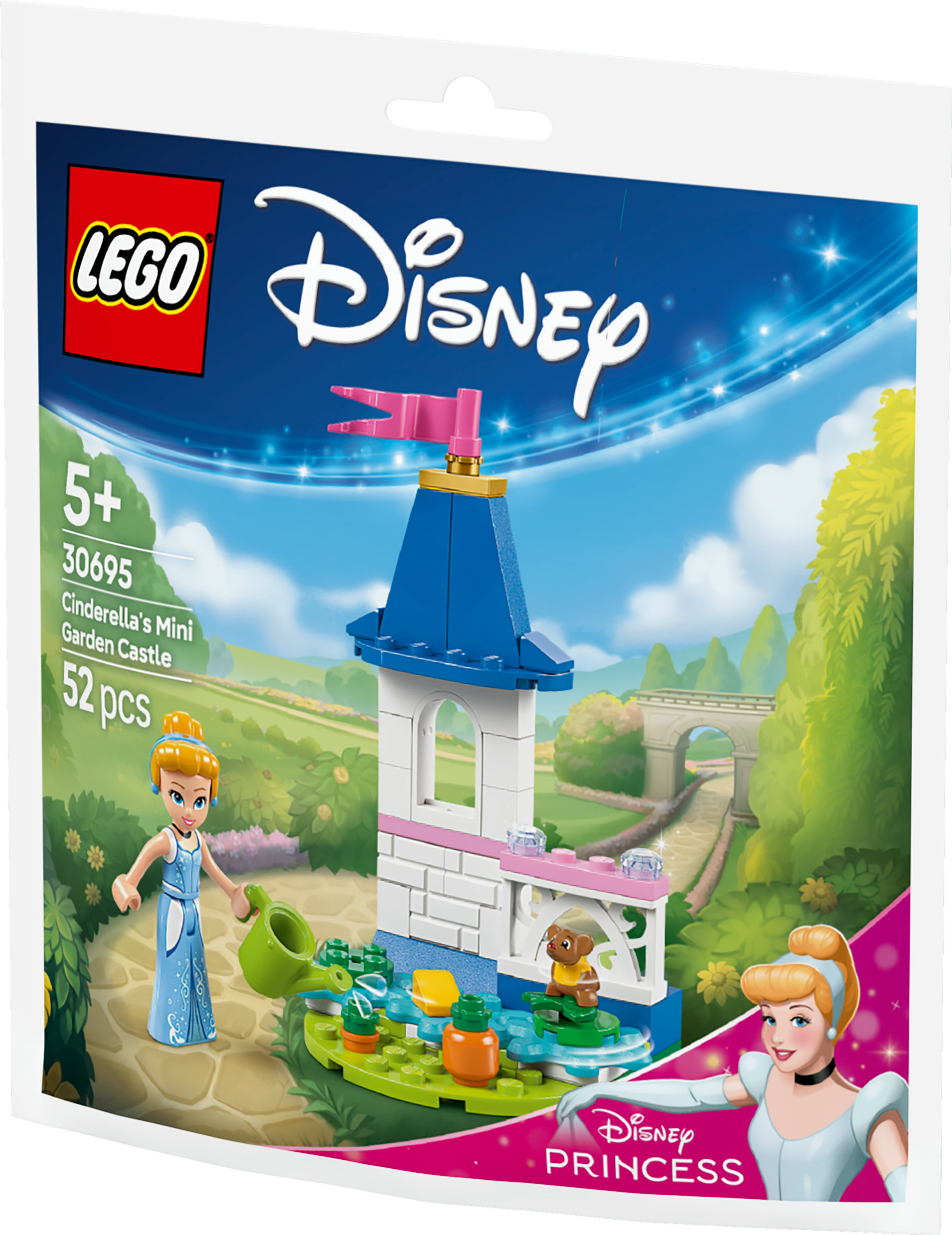 Zestaw LEGO Disney Mini Ogród Zamkowy Kopciuszka. Zawiera Kopciuszka, mysz i mały zamek z elementami ogrodu.