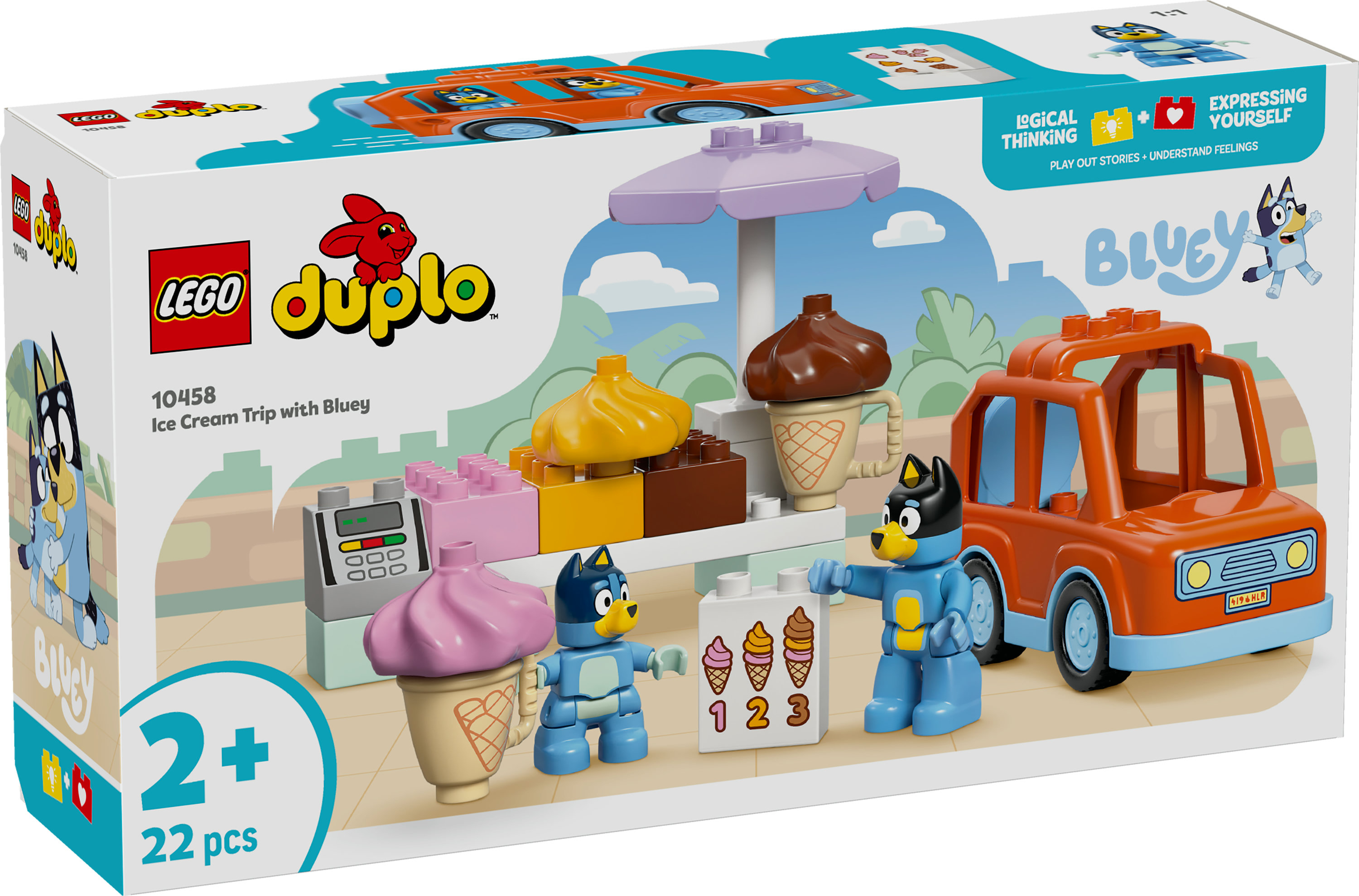 Zestaw Lego Duplo. Zawiera figurki Bluey, stoisko z lodami i pomarańczową ciężarówkę. Na pudełku napis 'Ice Cream Trip with Bluey'.