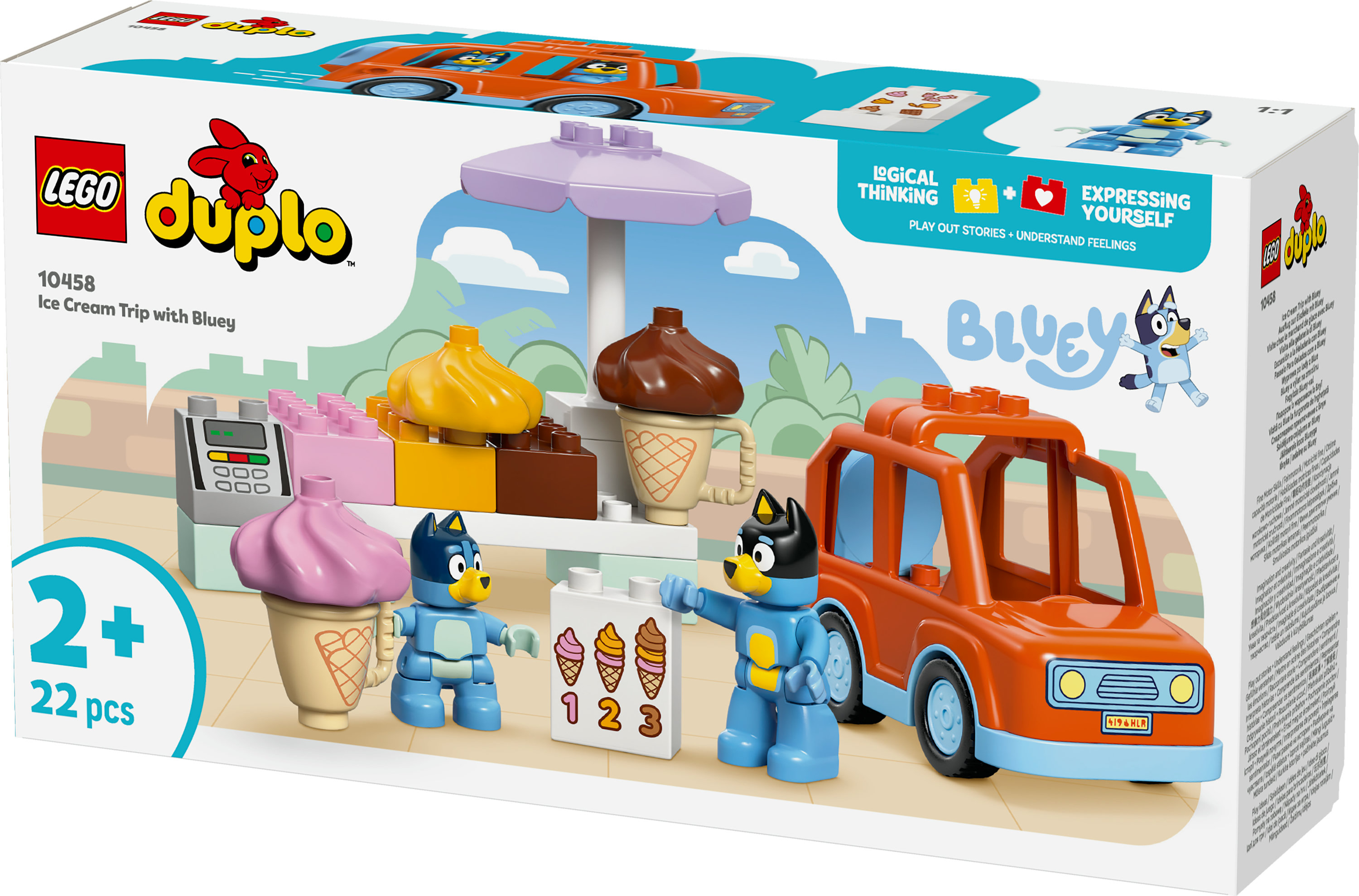Pudełko Lego Duplo z figurkami Bluey, lodami i pomarańczowym samochodem.