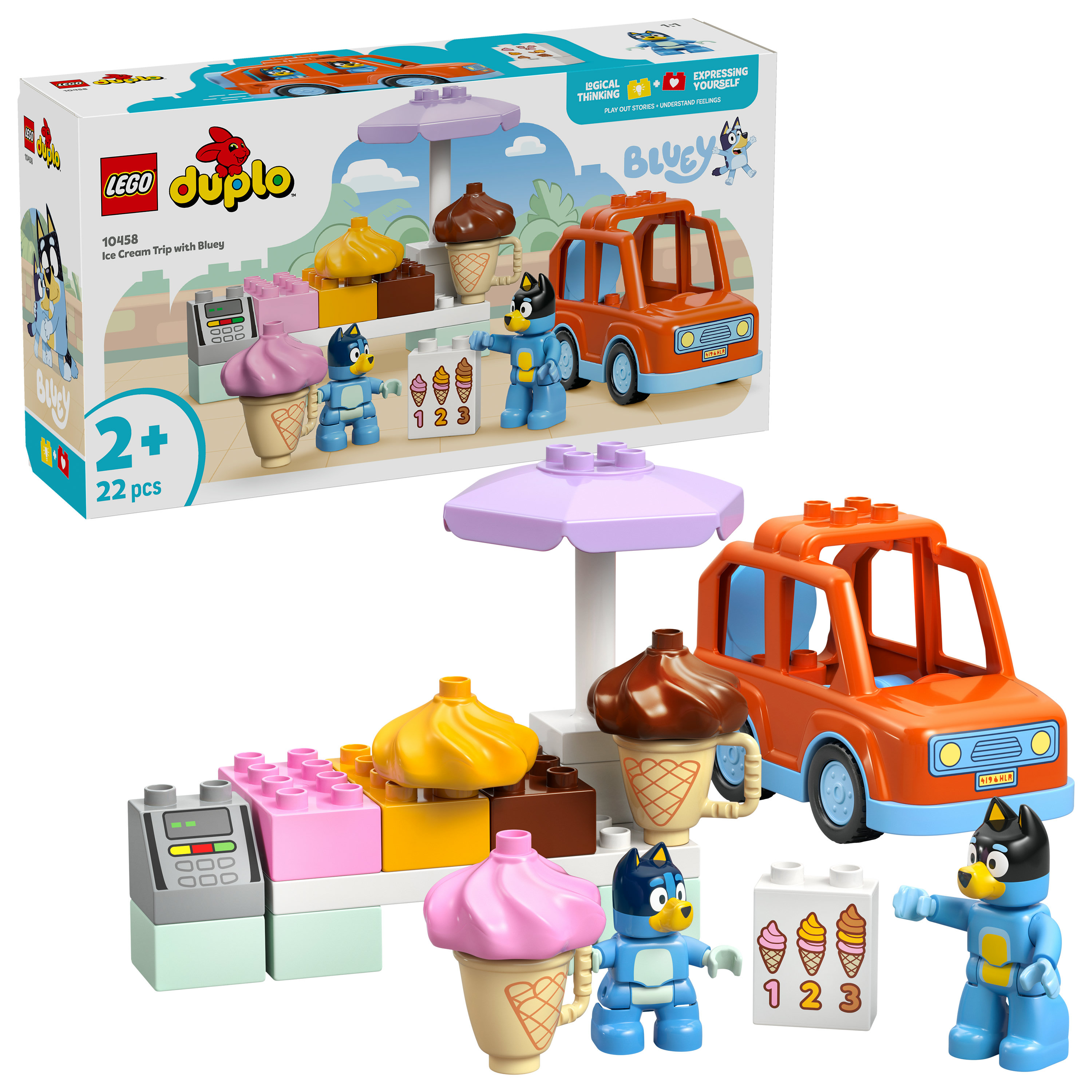 Zestaw Lego Duplo z lodziarnią, figurkami Bluey i rożkami do lodów.