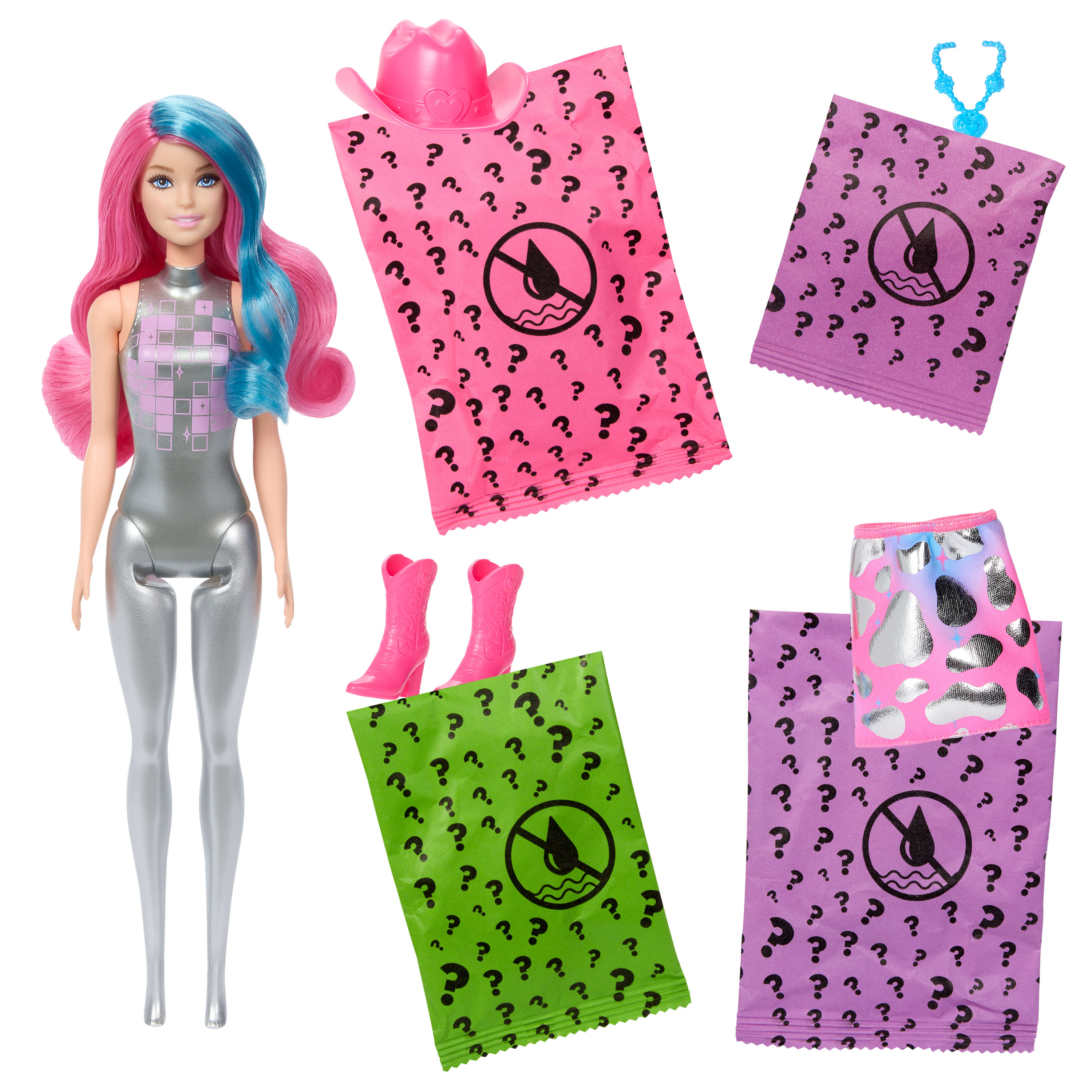 Una muñeca Barbie con cabello rosa y azul, traje plateado y accesorios, además de bolsas sorpresa.