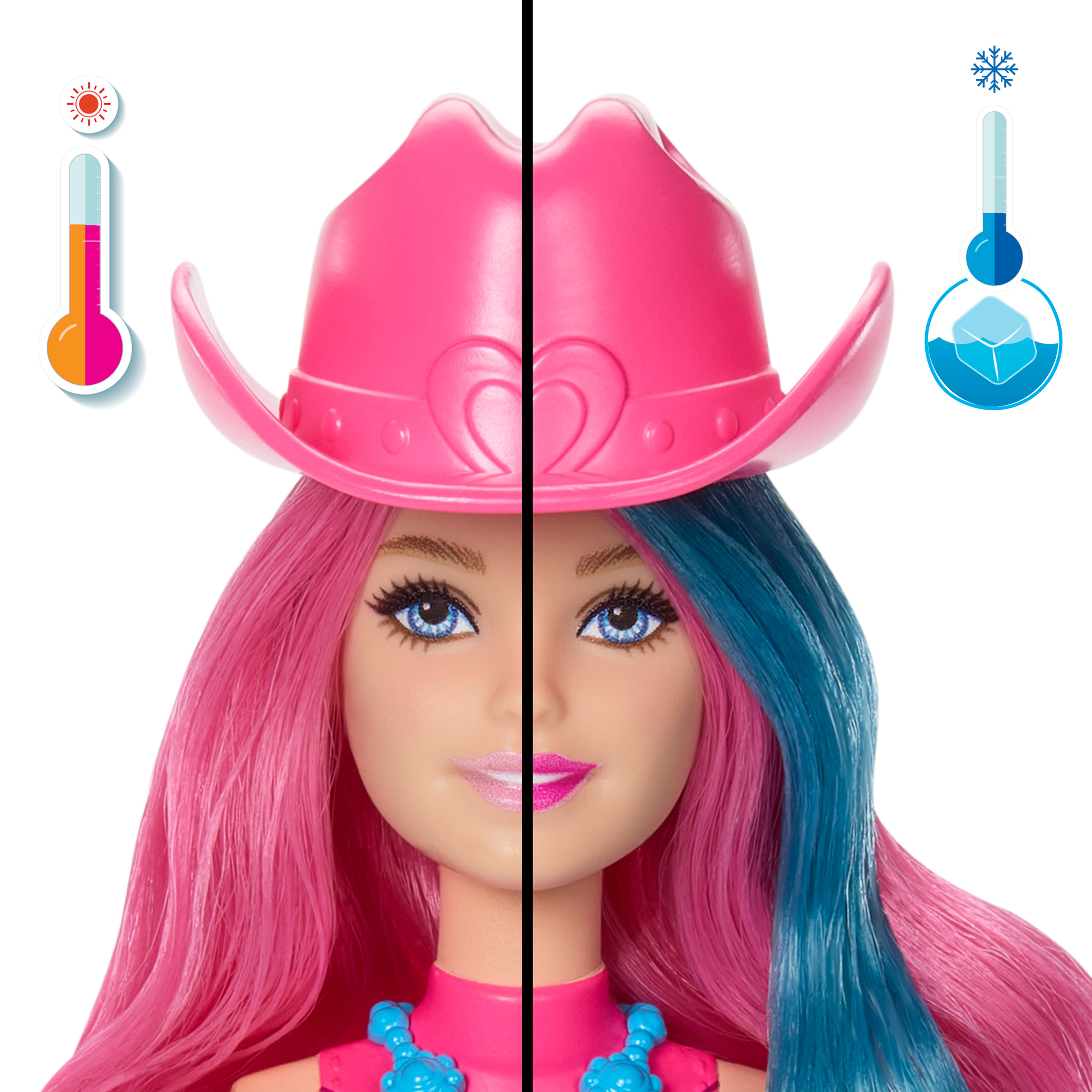Una muñeca con pelo rosa y azul. Lleva un sombrero y top rosa. Termómetros indican calor y frío.