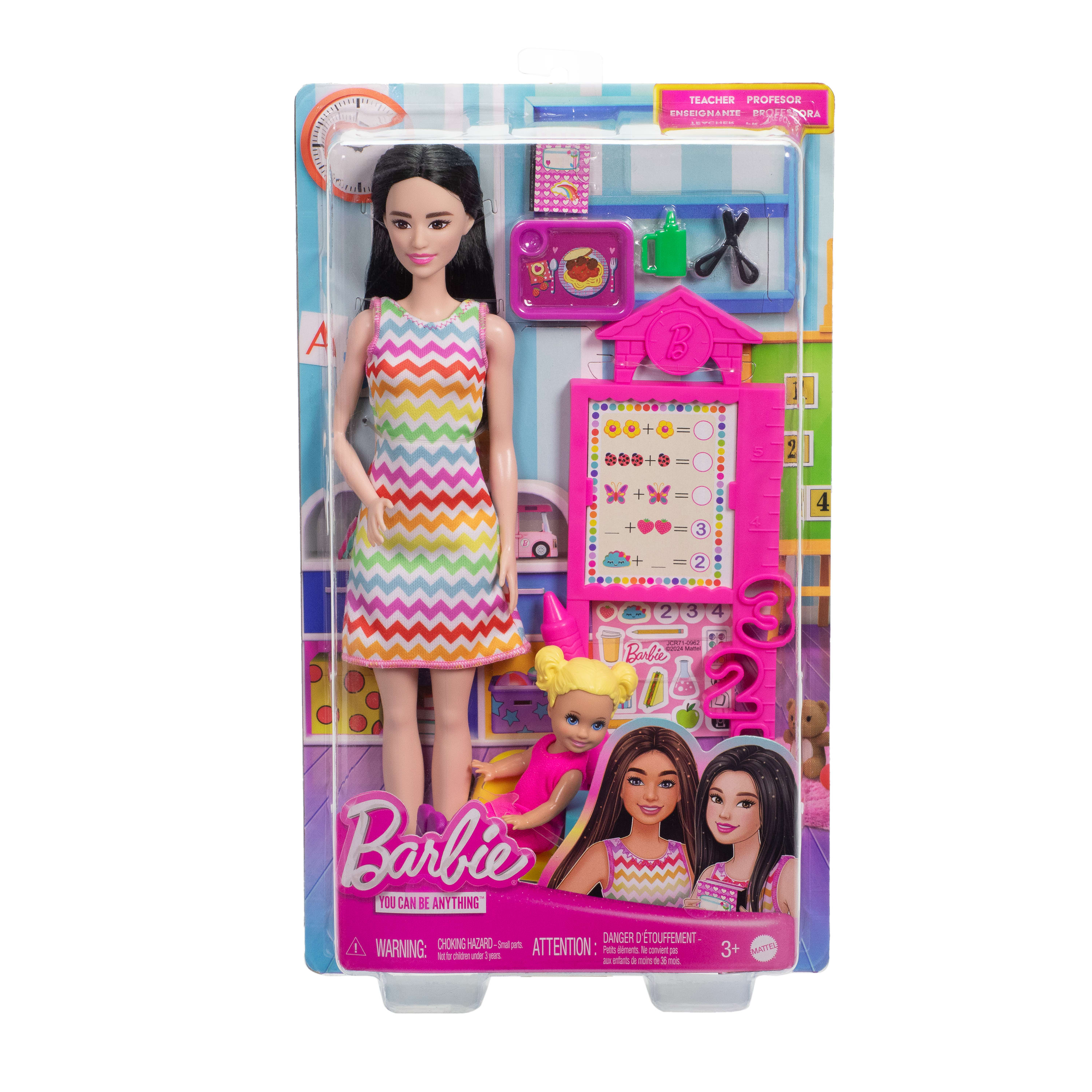 Barbie-Lehrerpuppe im Set. Enthält Puppen, Schulmaterial und eine Mathe-Tafel. Helle Farben.