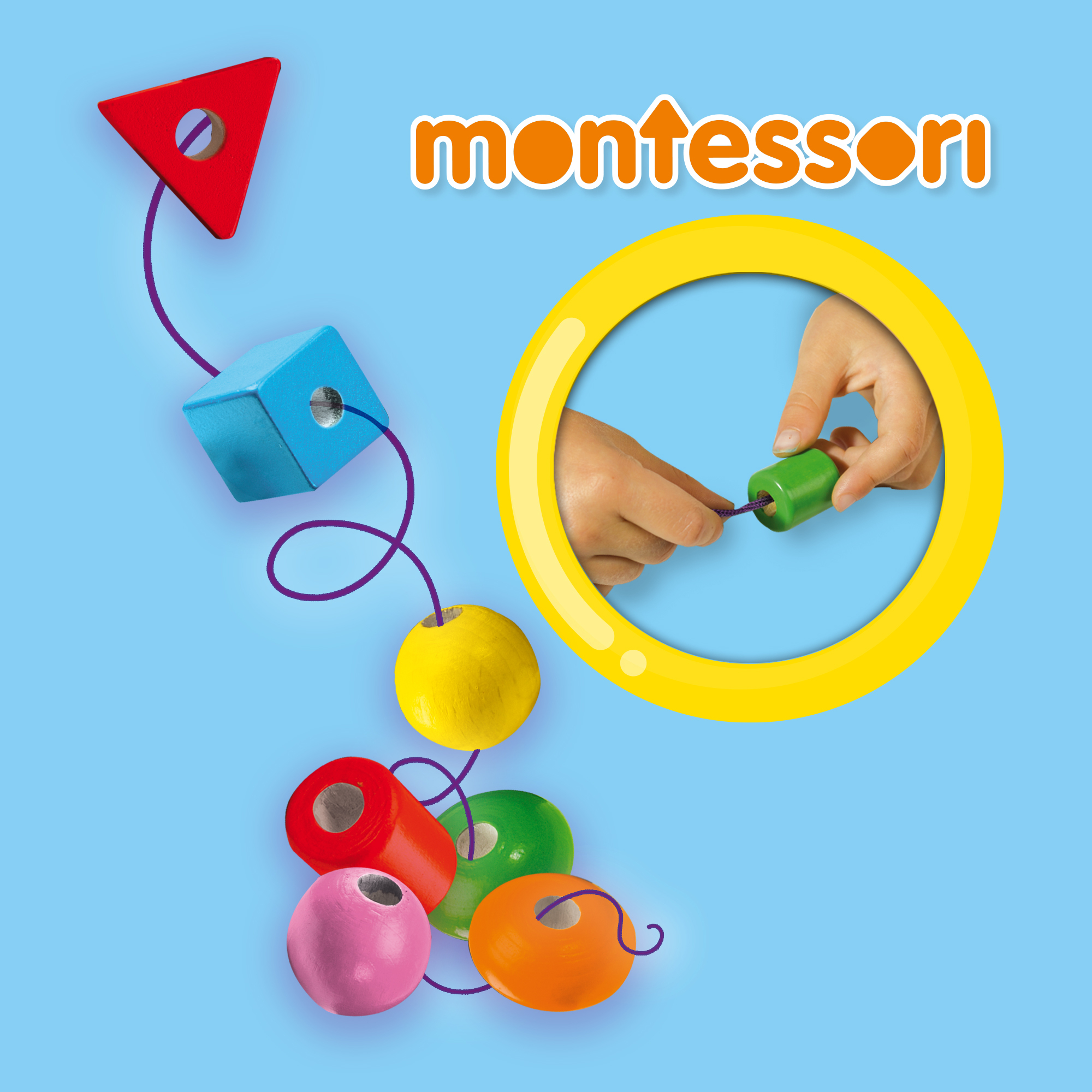 Obraz przedstawia materiały Montessori: czerwony trójkąt, niebieską kostkę, żółte koło i dłonie z zielonym walcem na niebieskim tle.