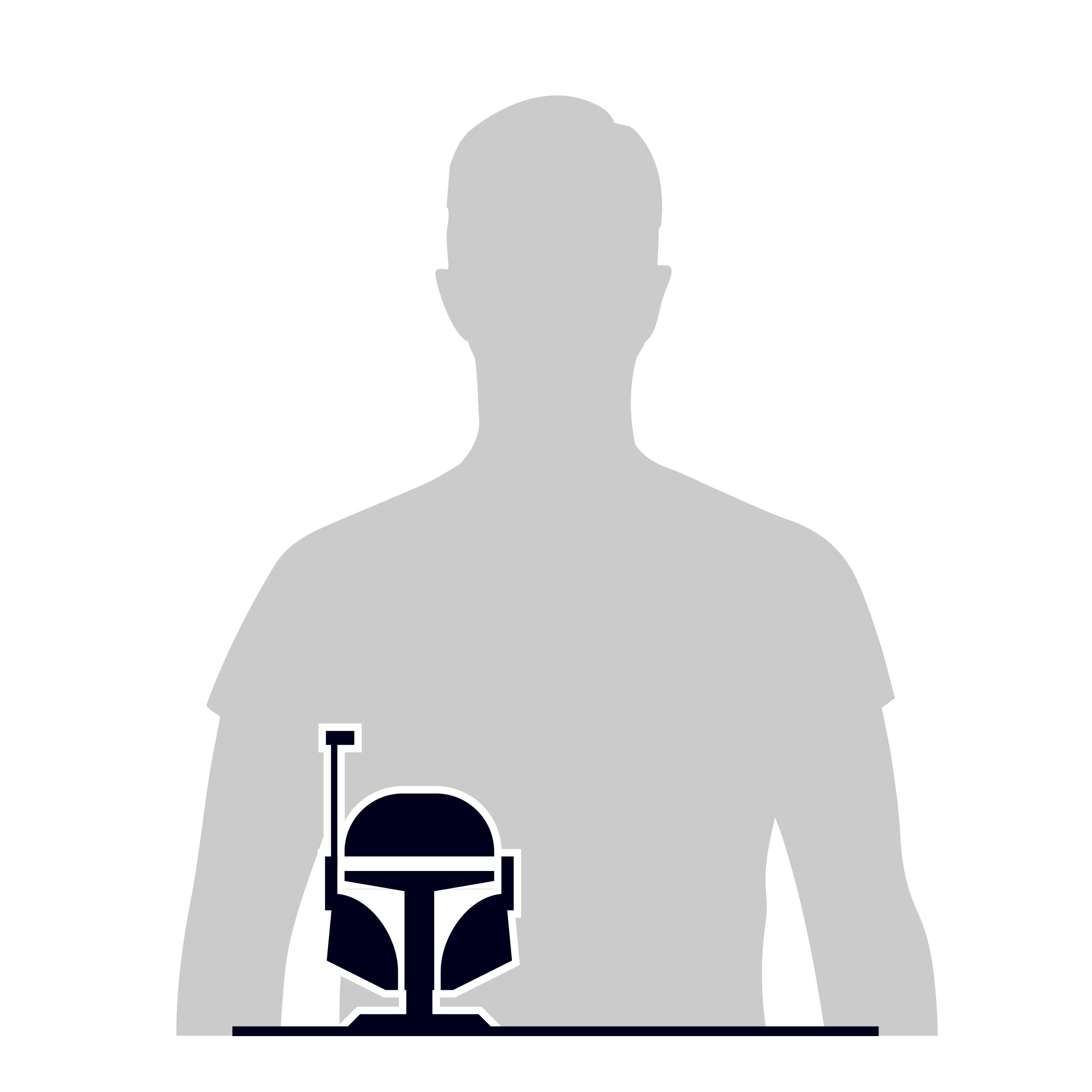 Sylwetka osoby z hełmem, prawdopodobnie Boba Fett, na płaskiej powierzchni, na białym tle.