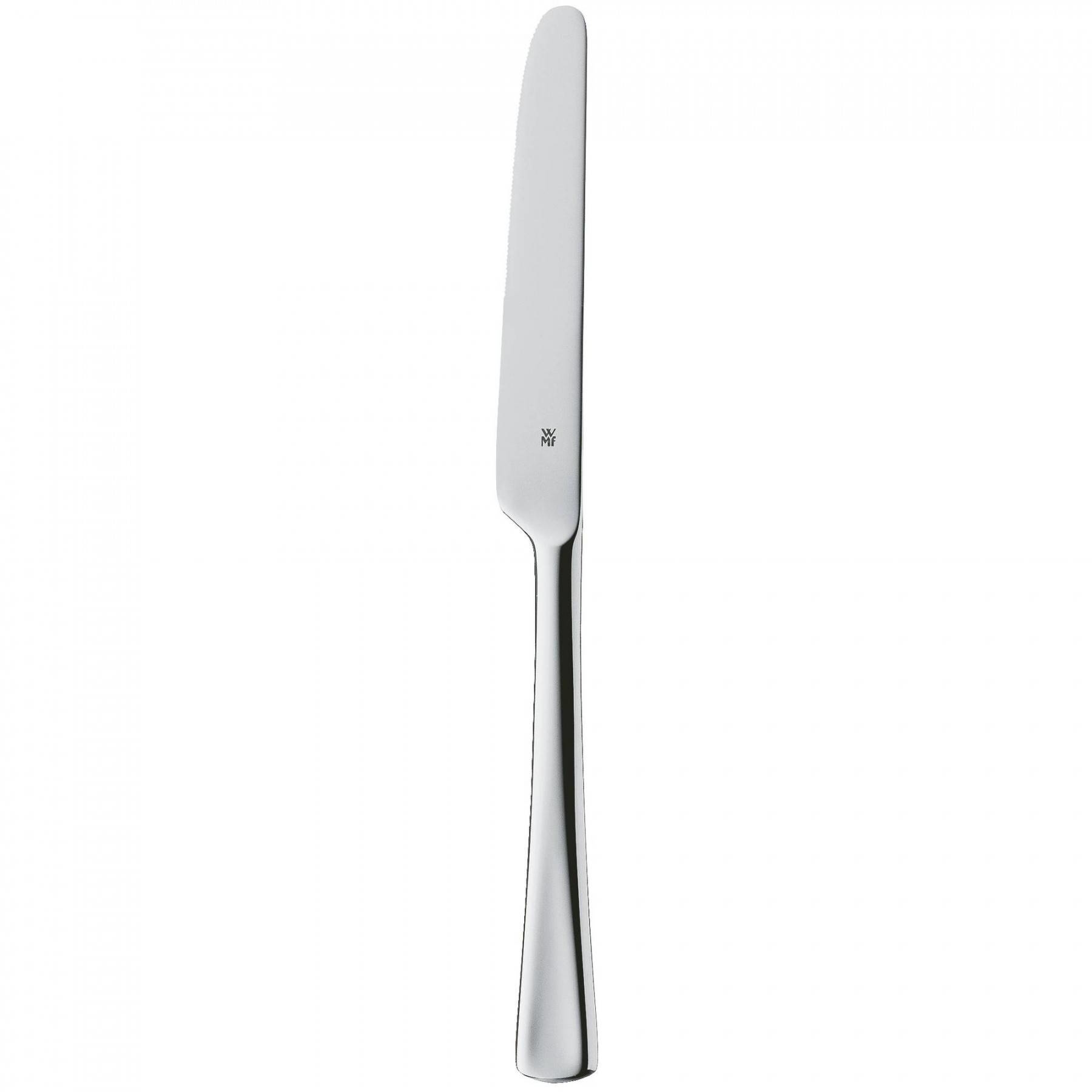 Ein glänzendes, silbernes Messer ist auf weißem Hintergrund zentriert. Es hat eine abgerundete Spitze und ein Logo.