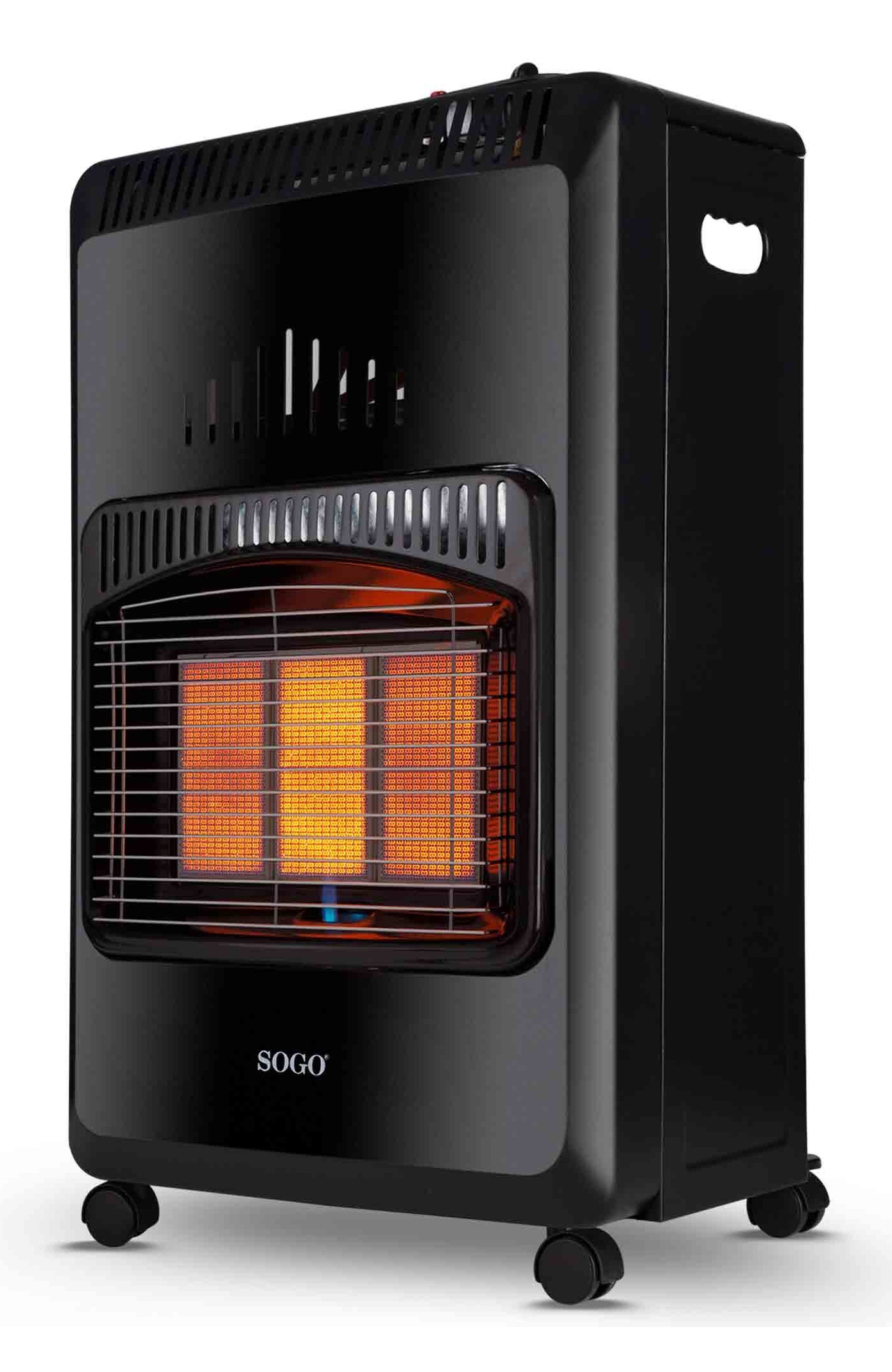 Calentador de gas SOGO negro con interior naranja brillante, frente a una rejilla metálica y sobre ruedas pequeñas.