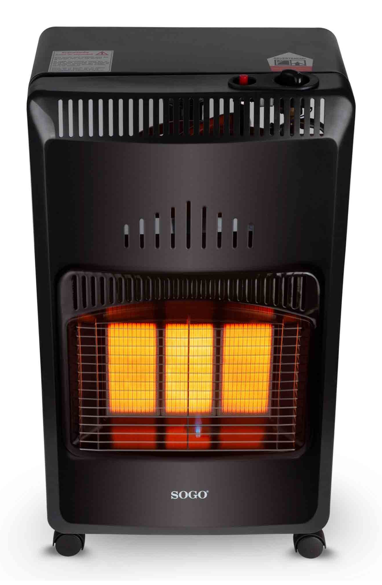 Calentador de gas SOGO negro con tres paneles brillantes de color naranja detrás de una rejilla metálica. El calentador está sobre ruedas.