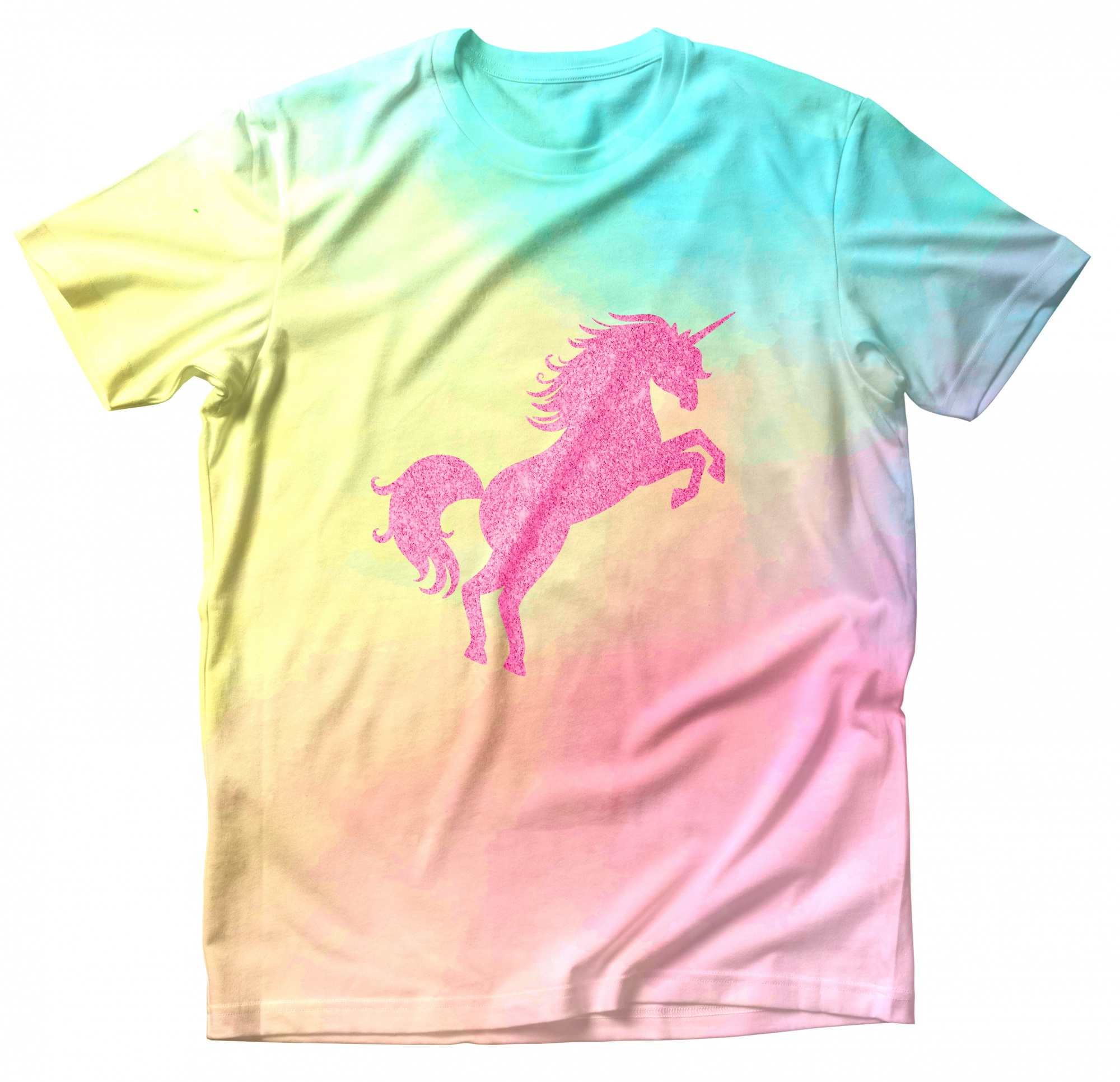 T-shirt z różowym brokatowym jednorożcem na gradientu żółtego, niebieskiego i różowego.