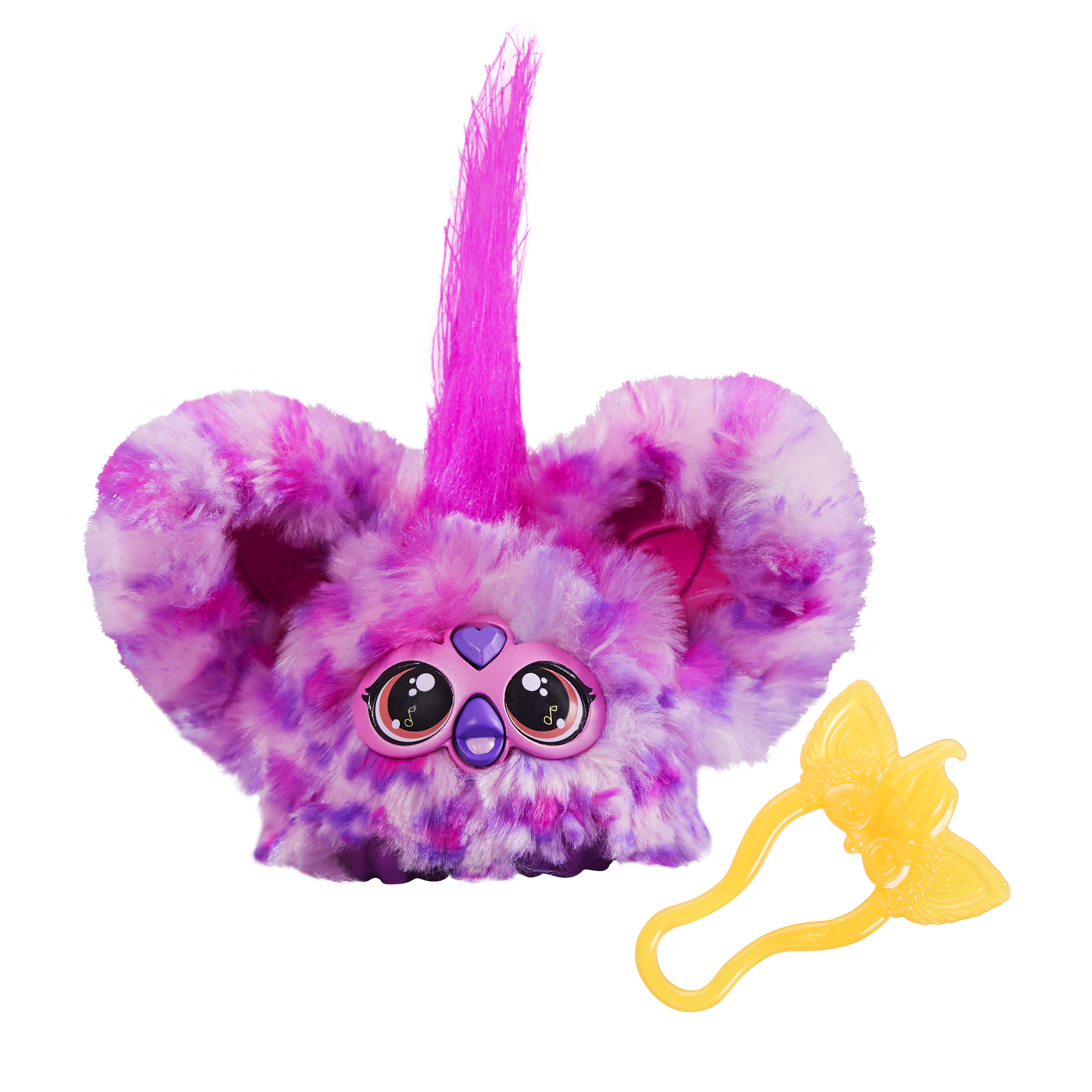 Un juguete morado y esponjoso con una cresta rosa y un accesorio amarillo, sobre fondo blanco.