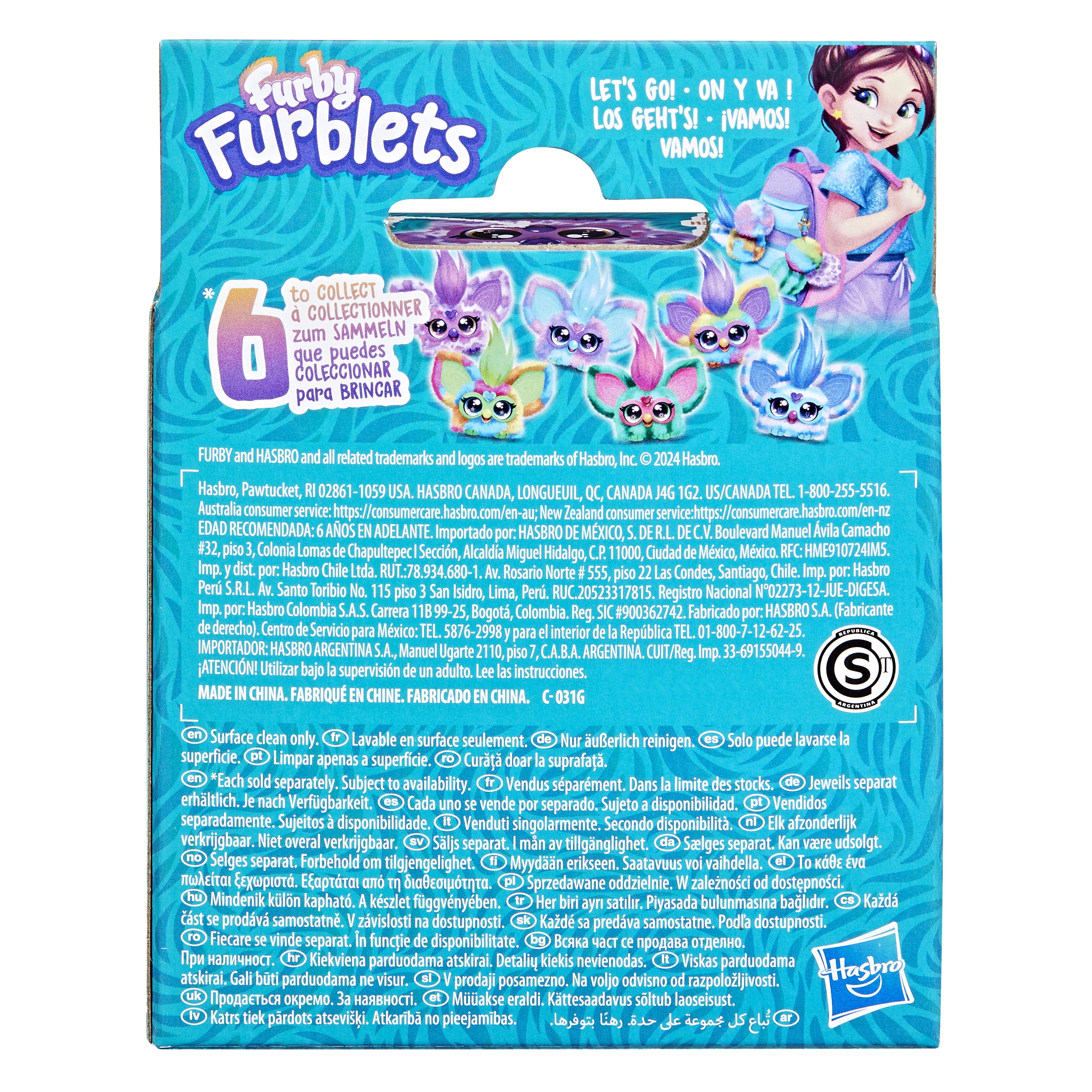 Caja con juguetes Furblets. Se muestran Furblets coloridos. Una niña con mochila está al lado.