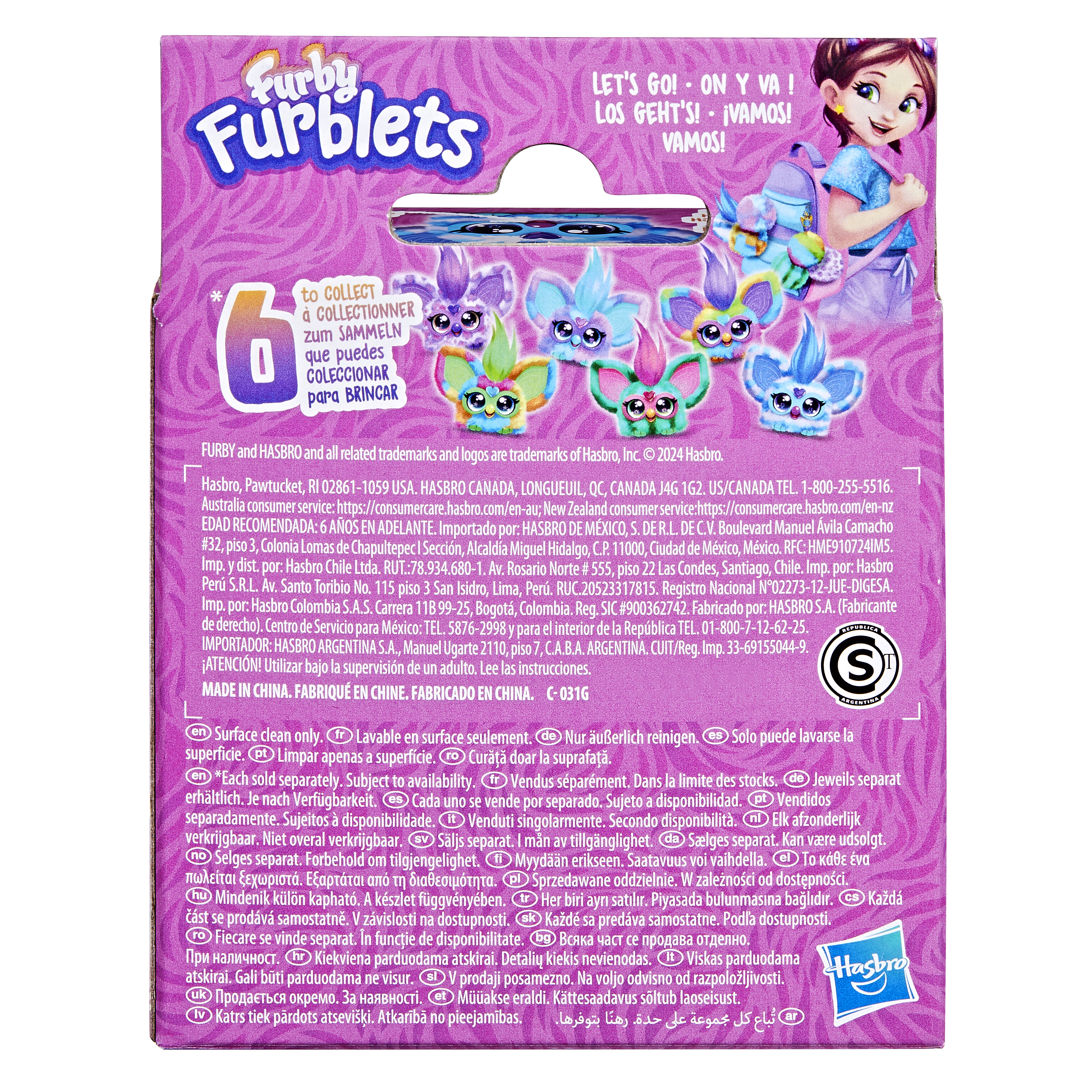 Empaquetado del producto Furby Furblets. Presenta personajes coloridos y texto en varios idiomas.