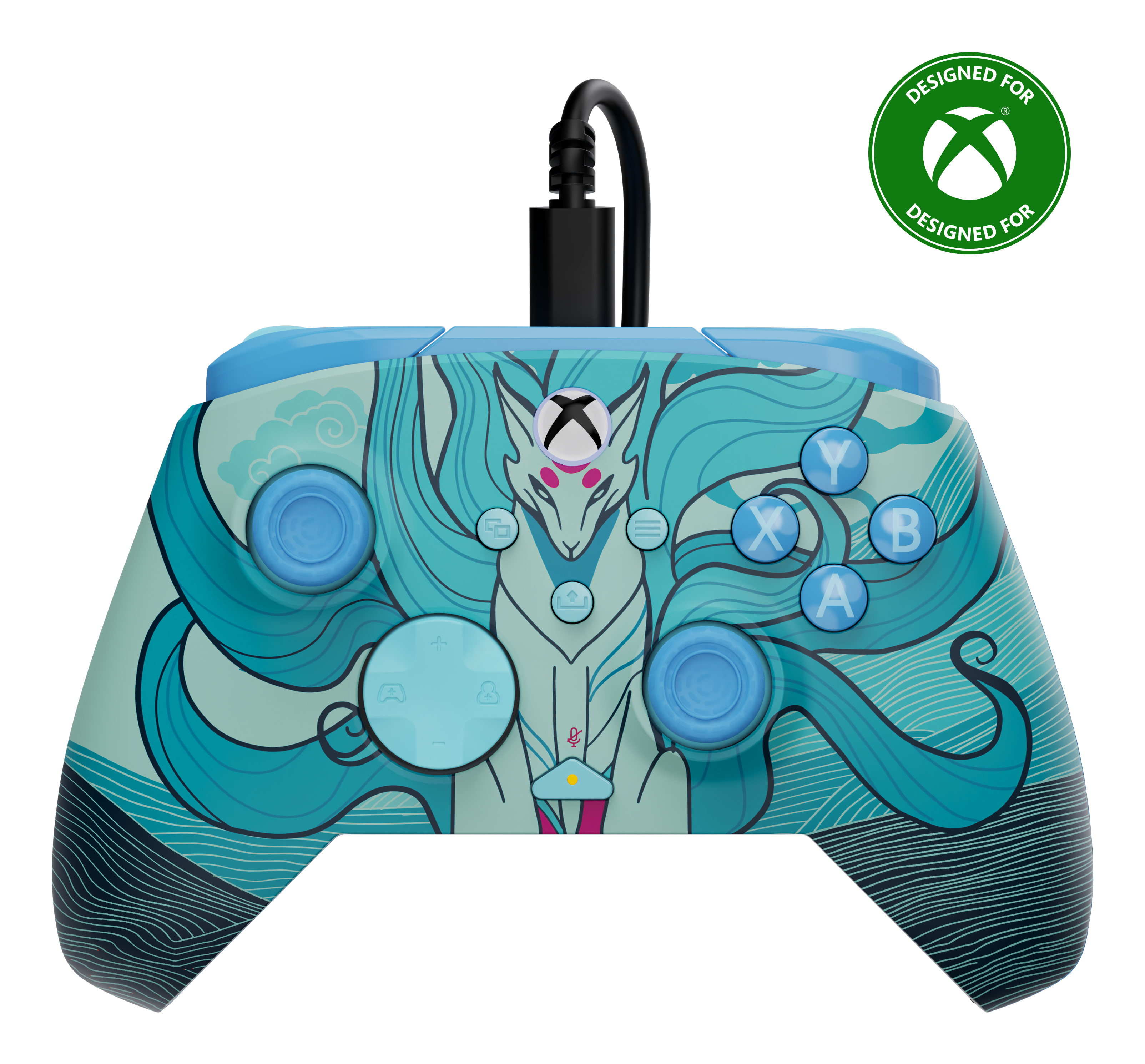 Xbox-Controller mit blauem Fuchsmotiv und Wellen, mit schwarzem Kabel. Designed for Xbox-Logo.