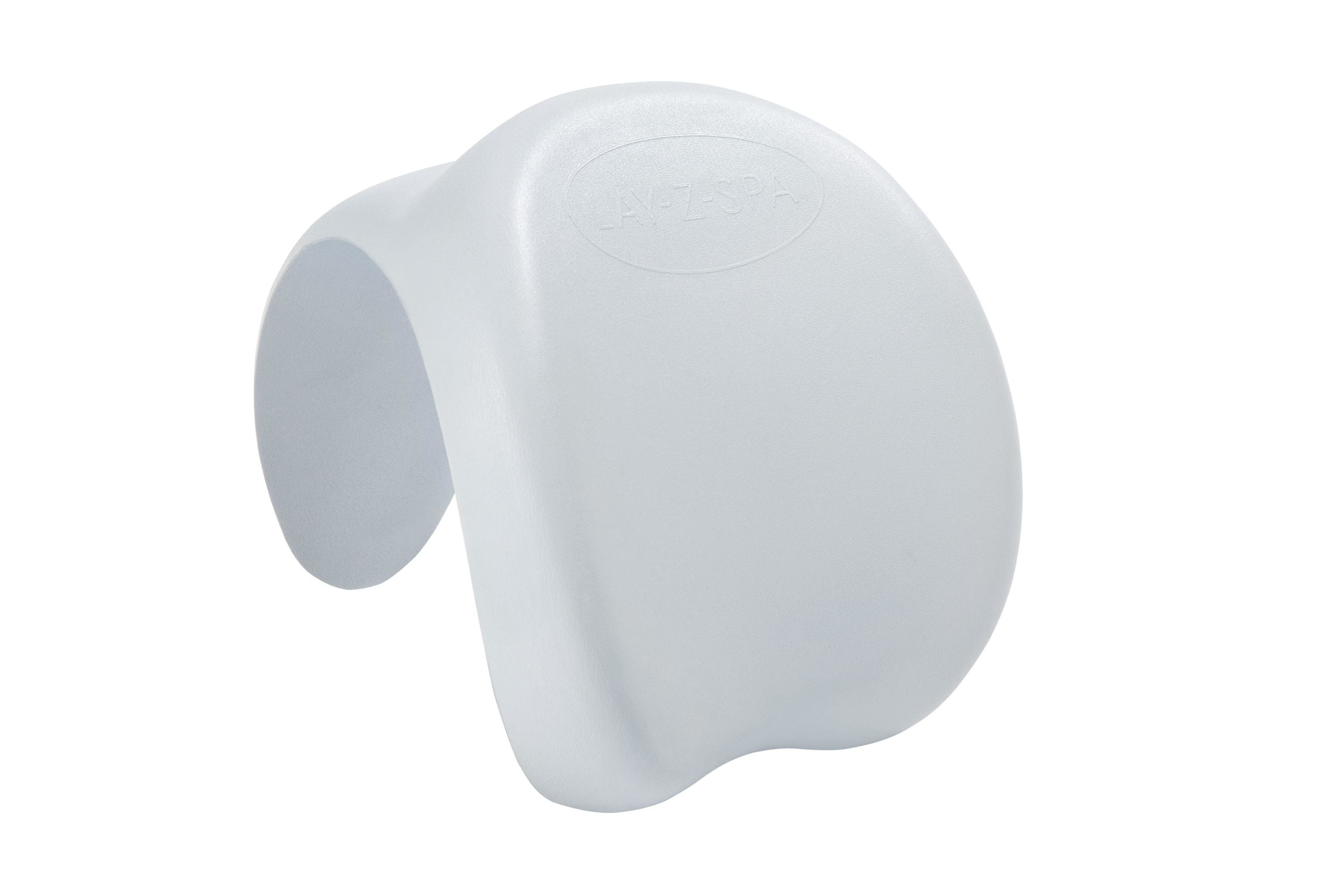 Un poggiatesta bianco Lay-Z-Spa. Ha una forma ovale con supporto curvo per la schiena e parte superiore piatta.