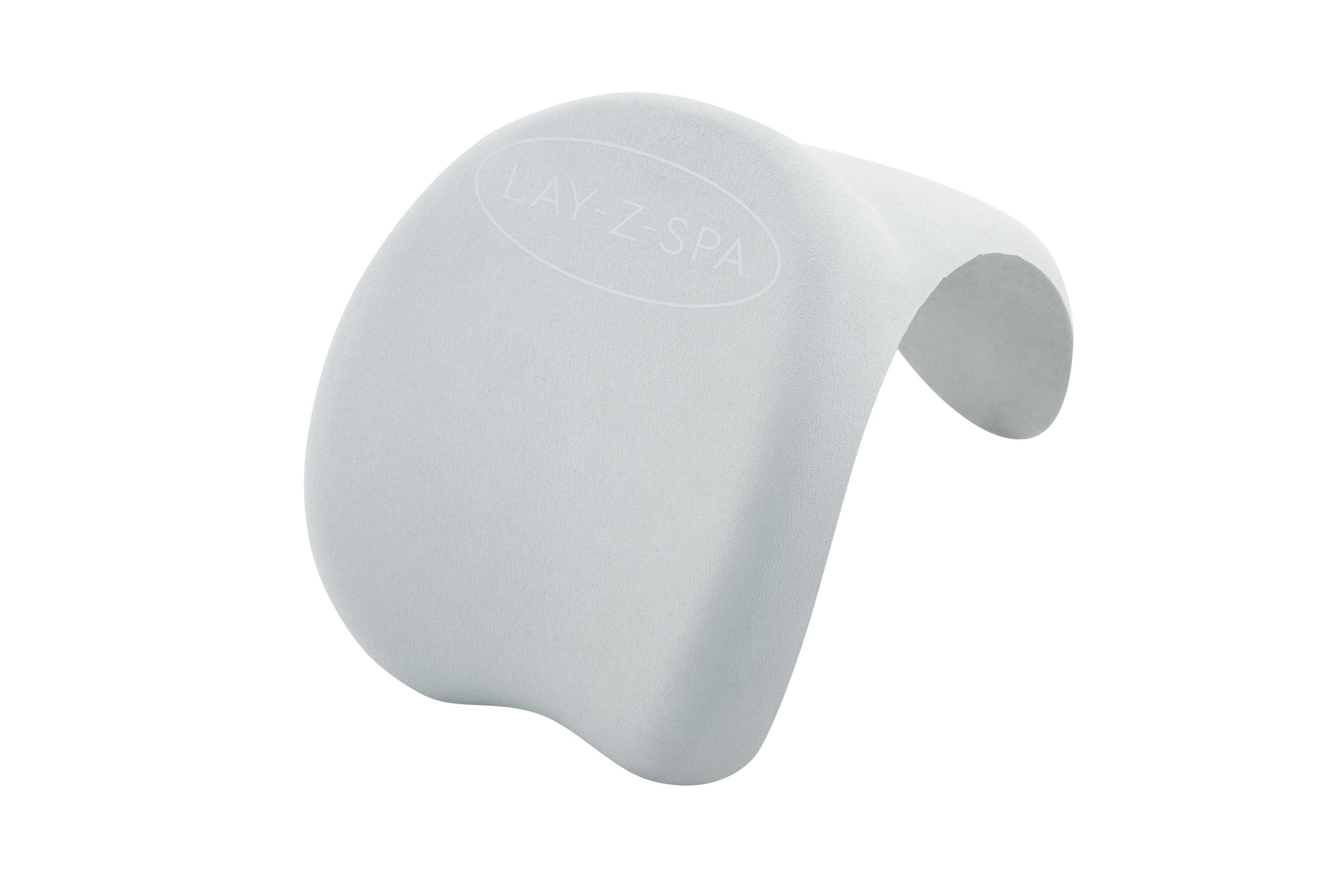 Un poggiatesta bianco Lay-Z-Spa. Ha una forma curva, con il nome del marchio stampato sulla superficie, su sfondo bianco.