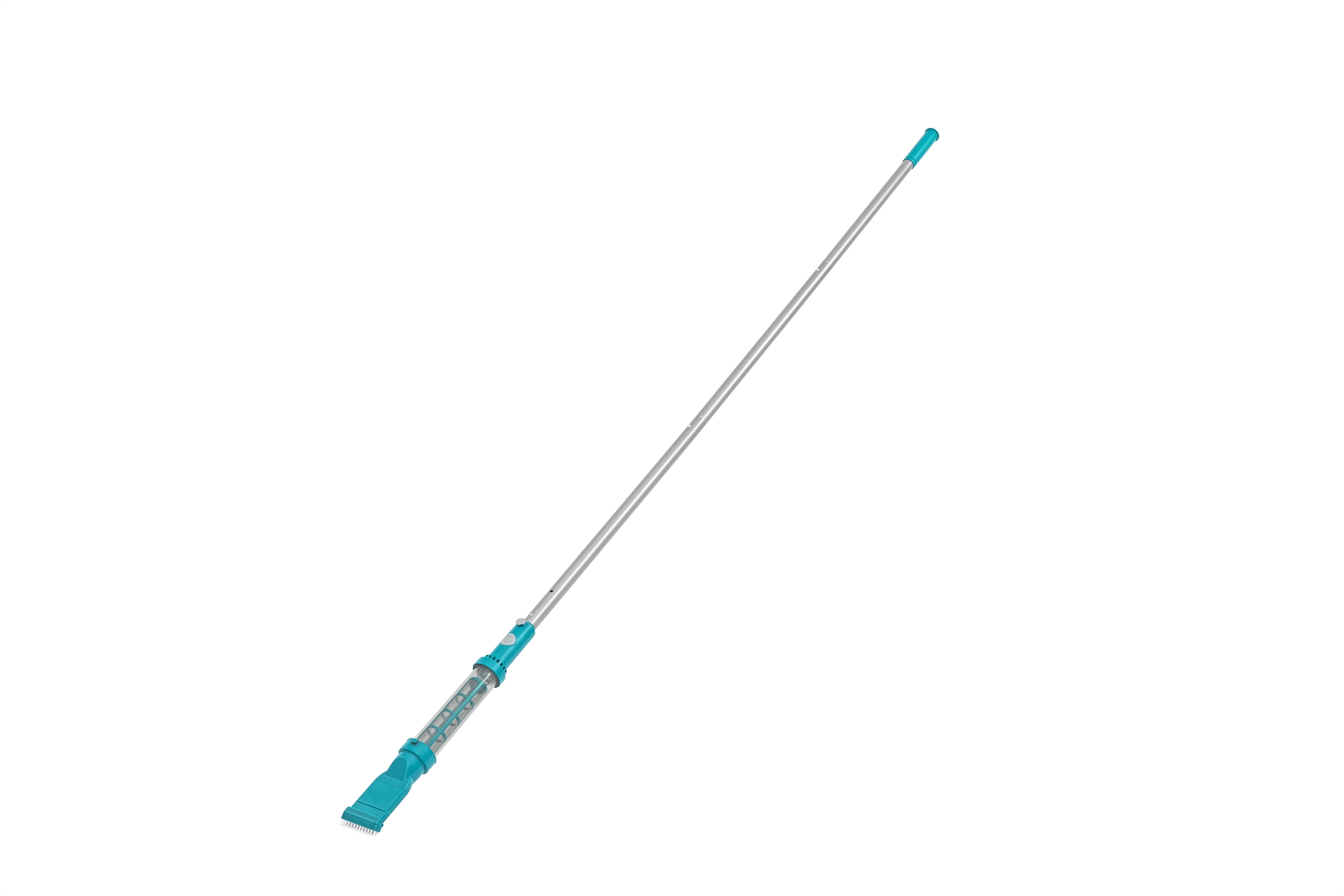 Un pulitore per piscina con un lungo palo argentato e una testina blu. Lo sfondo è bianco.