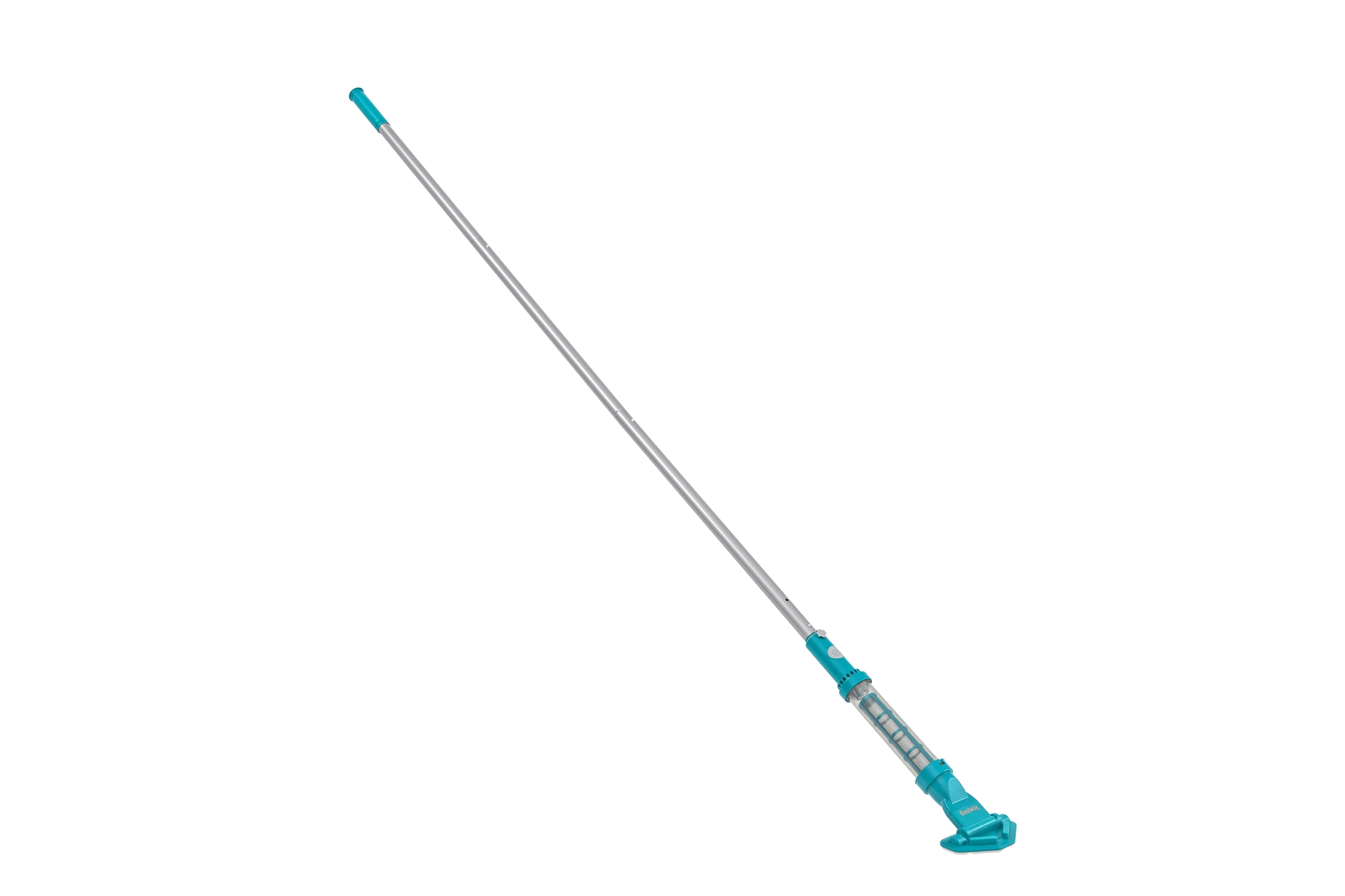 Un aspirapolvere per piscina con un lungo palo argentato e componenti turchese, su sfondo bianco.