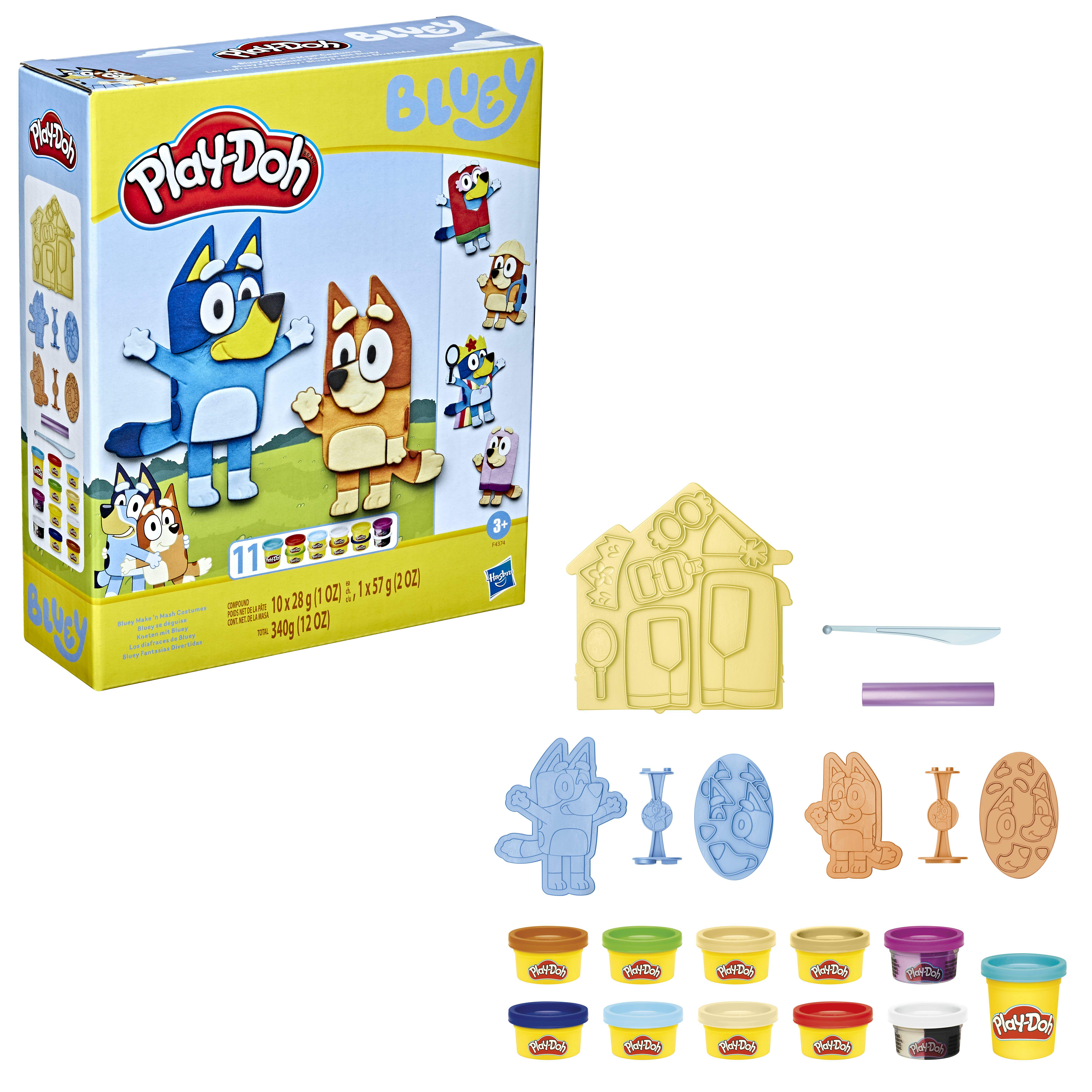 Set Play-Doh Bluey. Con personajes de perros, plastilina, molde de casa y herramientas. Varios colores de masa visibles.