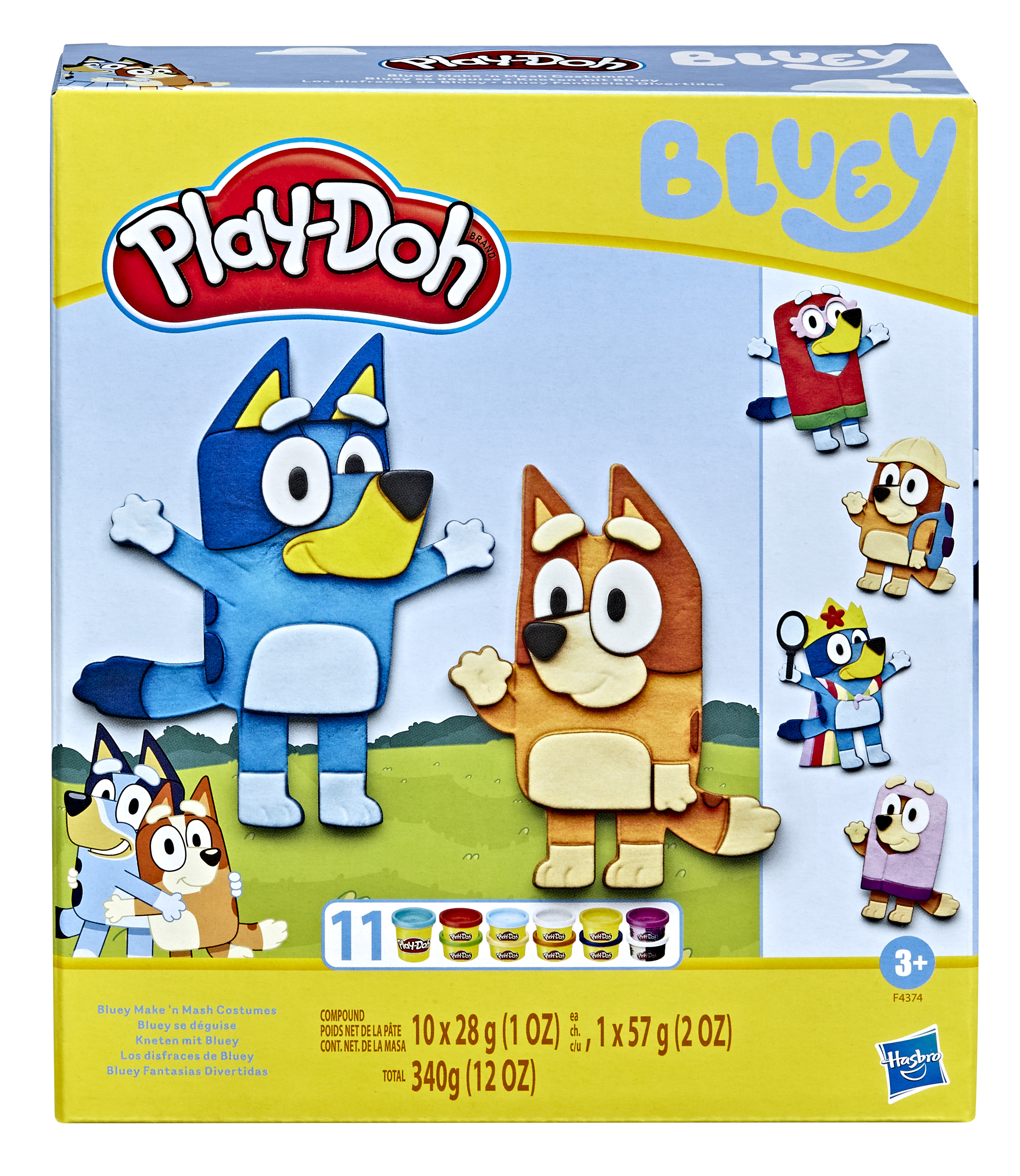 Caja del set Play-Doh Bluey con figuras de Bluey y Bingo. Contiene plastilina y personajes de Bluey con disfraces.