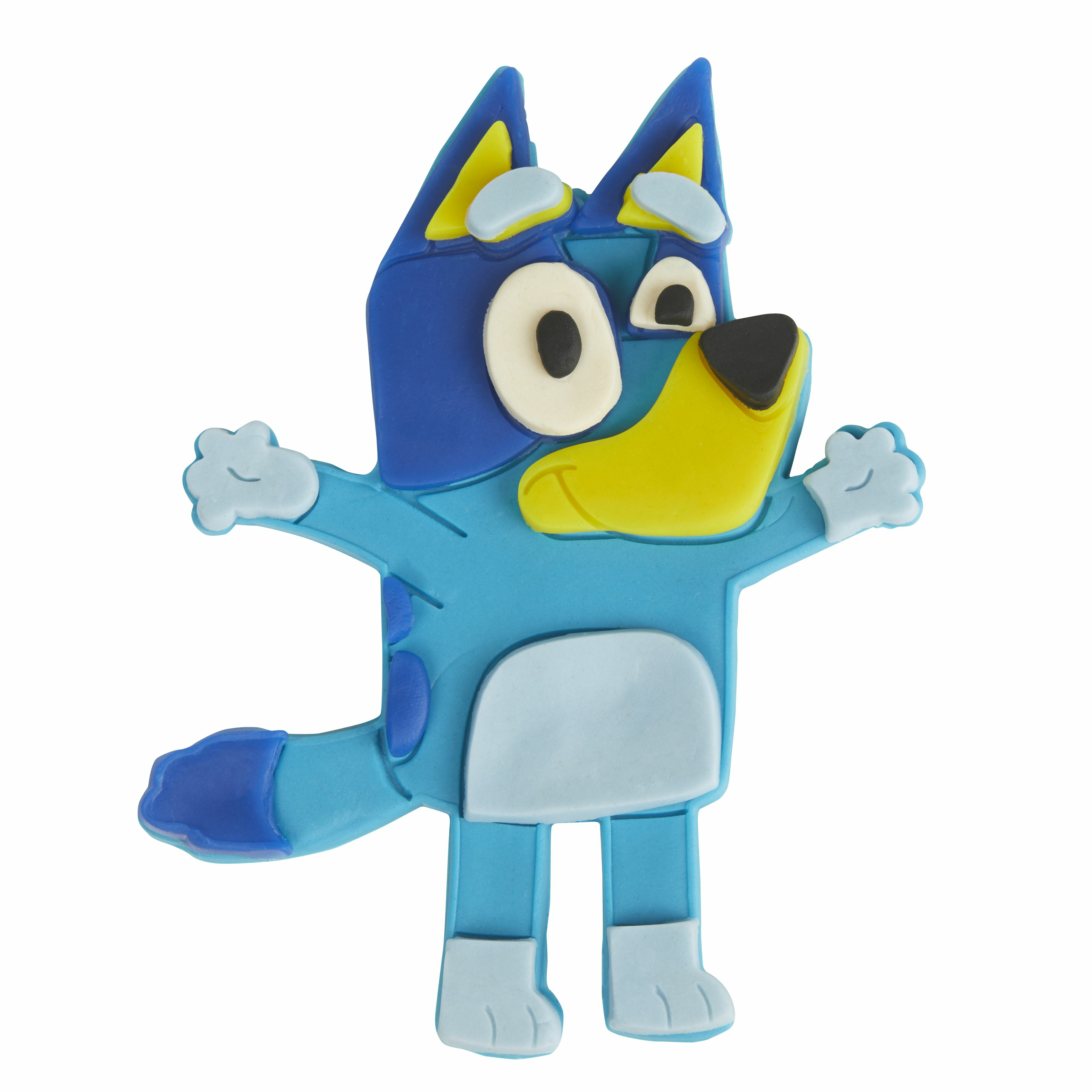 Un juguete del personaje Bluey con colores azul, amarillo y blanco, brazos extendidos y fondo blanco.