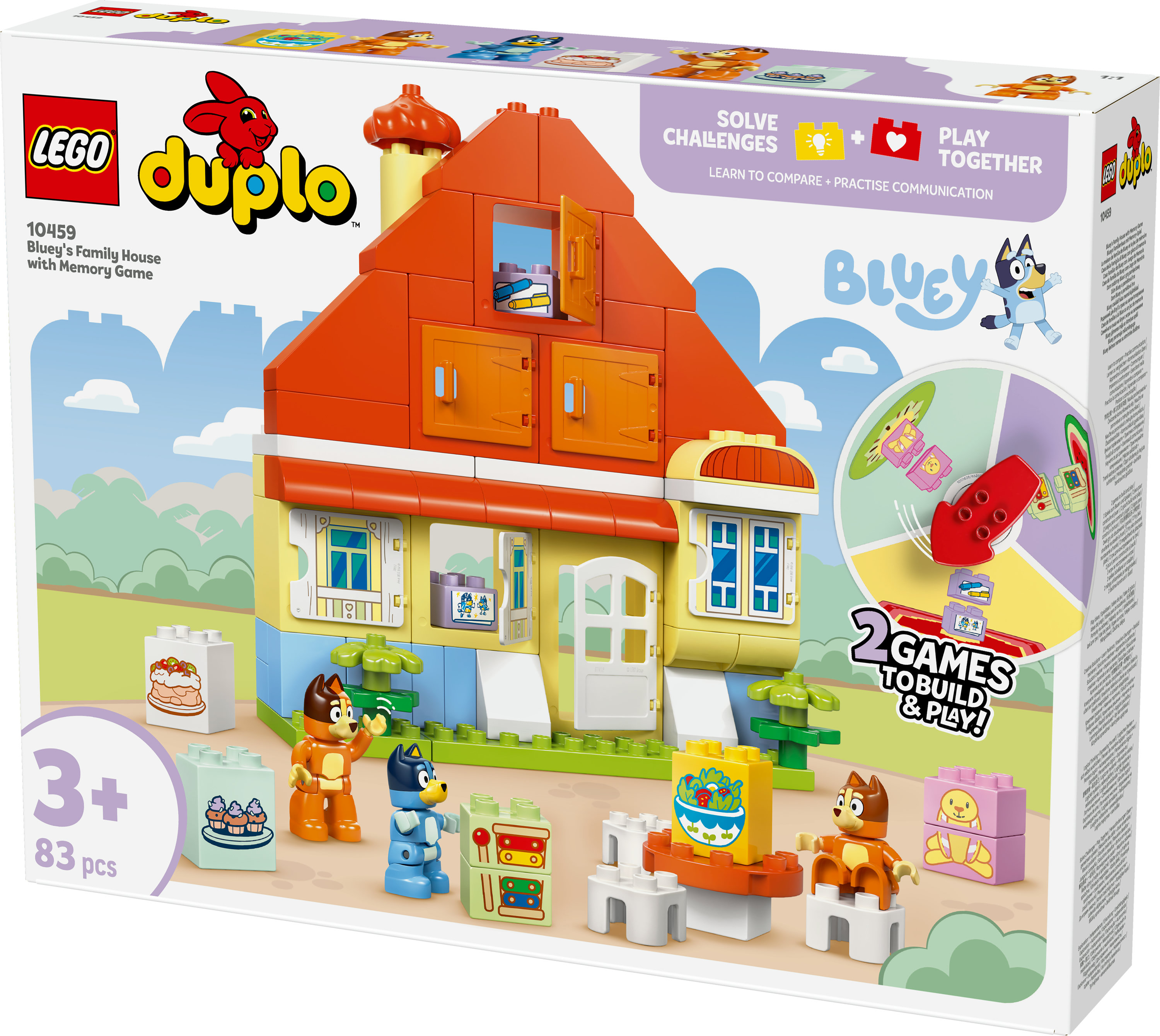 Zestaw Lego Duplo. Zawiera model domu z postaciami Bluey, klocki i napis '2 gry do zbudowania i zabawy'.
