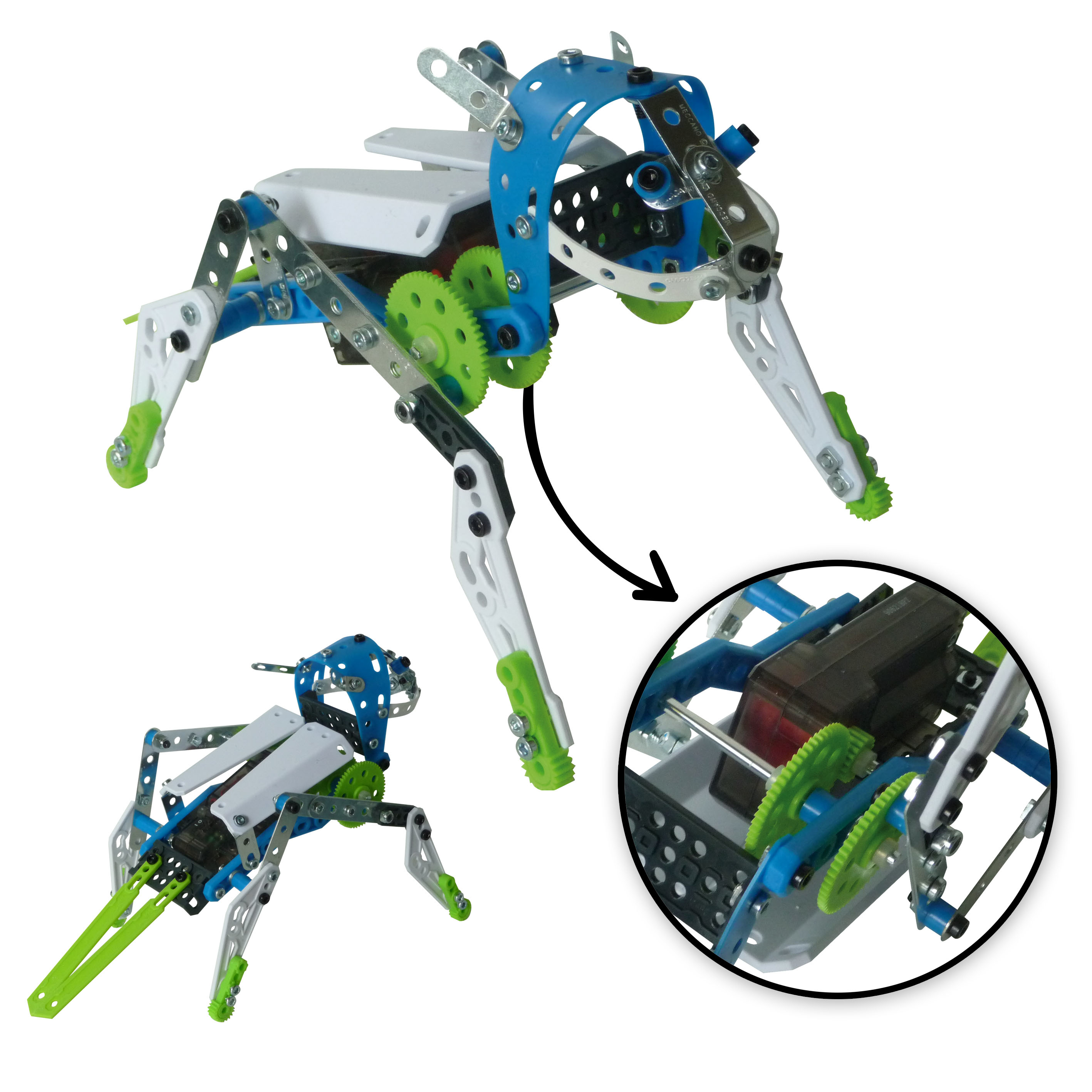 Metalowa i plastikowa mechaniczna zabawka w kształcie owada. Jest niebieska, biała, zielona i srebrna, z zębatkami i nogami.