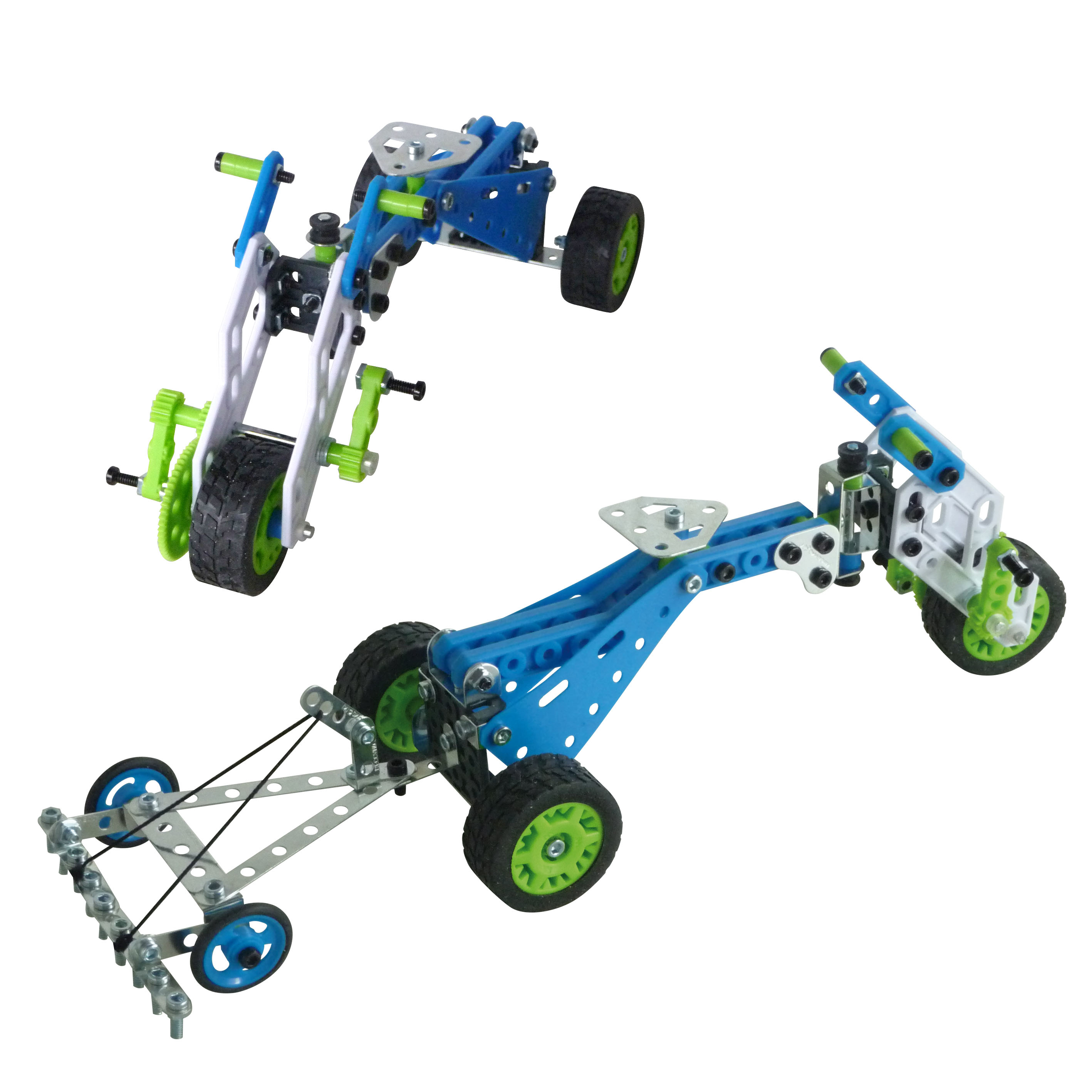 Dwa pojazdy zabawki, jeden nad drugim. Mają niebieskie, zielone, czarne i białe części. Tło jest białe.