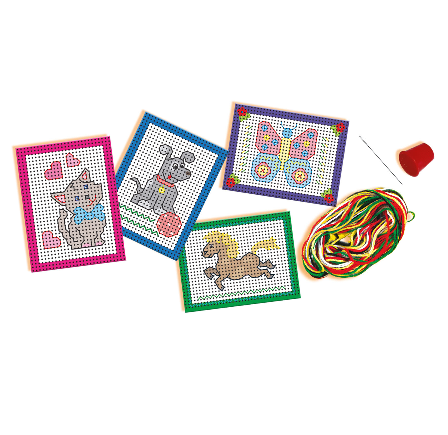 Zestawy do haftu krzyżykowego: wzory kota, psa, motyla i konia. Zawiera przędzę, igłę, naparstek i kolorowe nici.