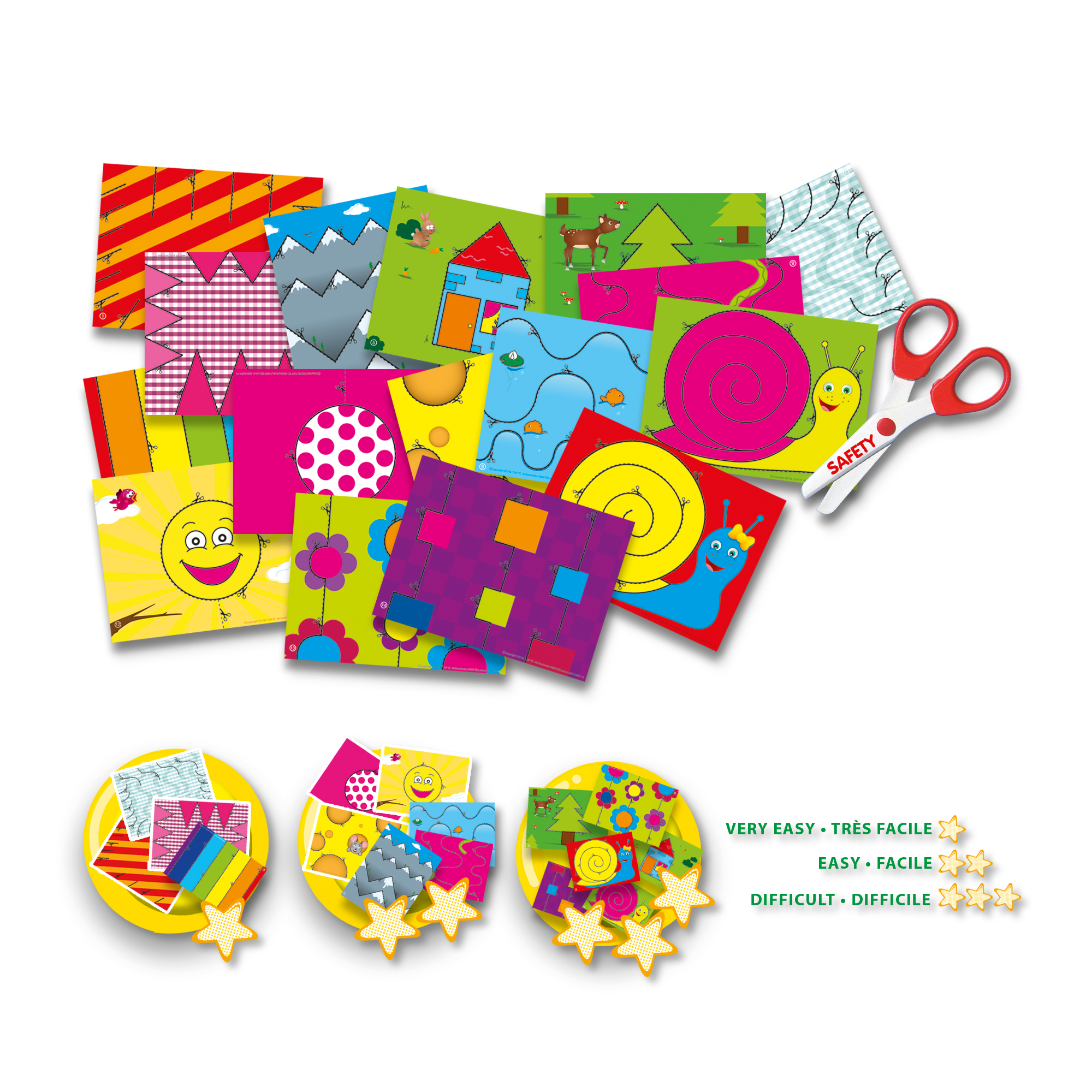 Bunte Puzzlekarten mit verschiedenen Mustern. Schere mit roten Griffen. Bewertungssterne mit Text, Sehr einfach, Einfach, Schwierig.