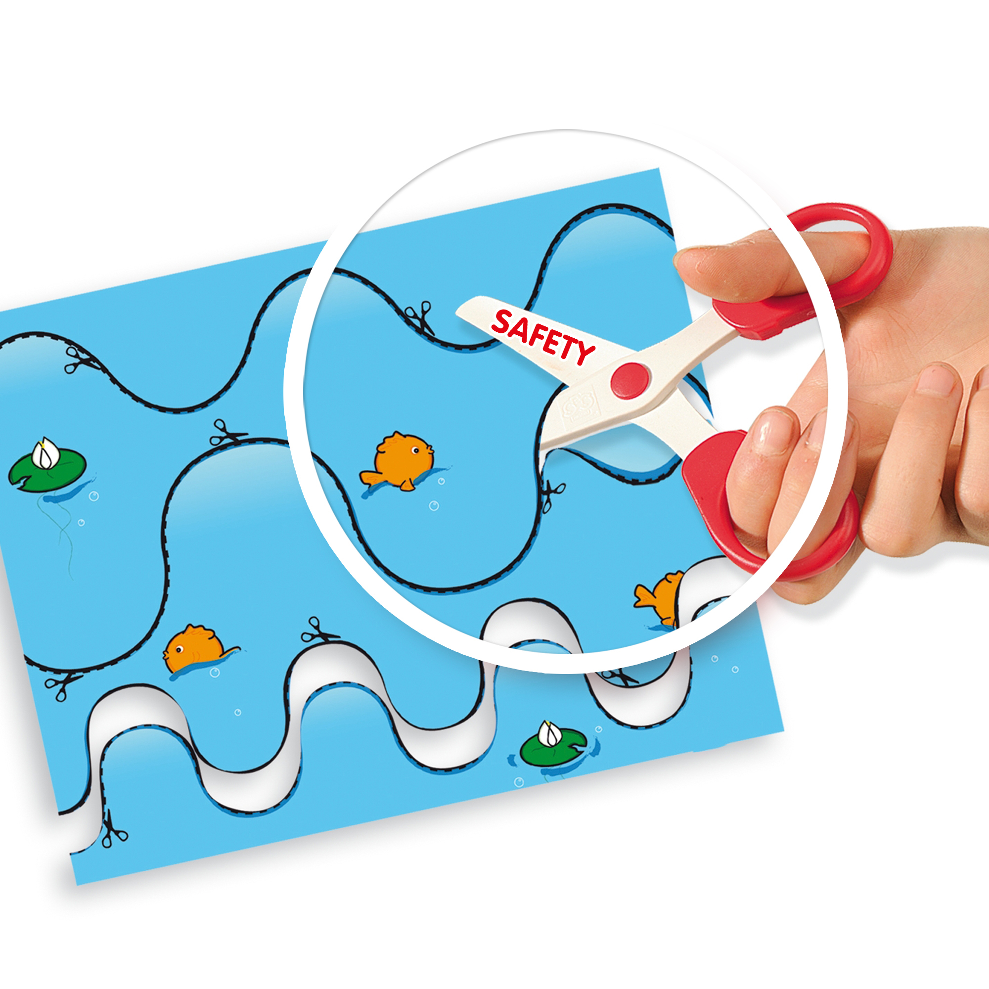 Eine Schere mit der Aufschrift 'SAFETY' schneidet blaues Papier mit Fischen und Seerosen. Eine Hand hält die Schere.