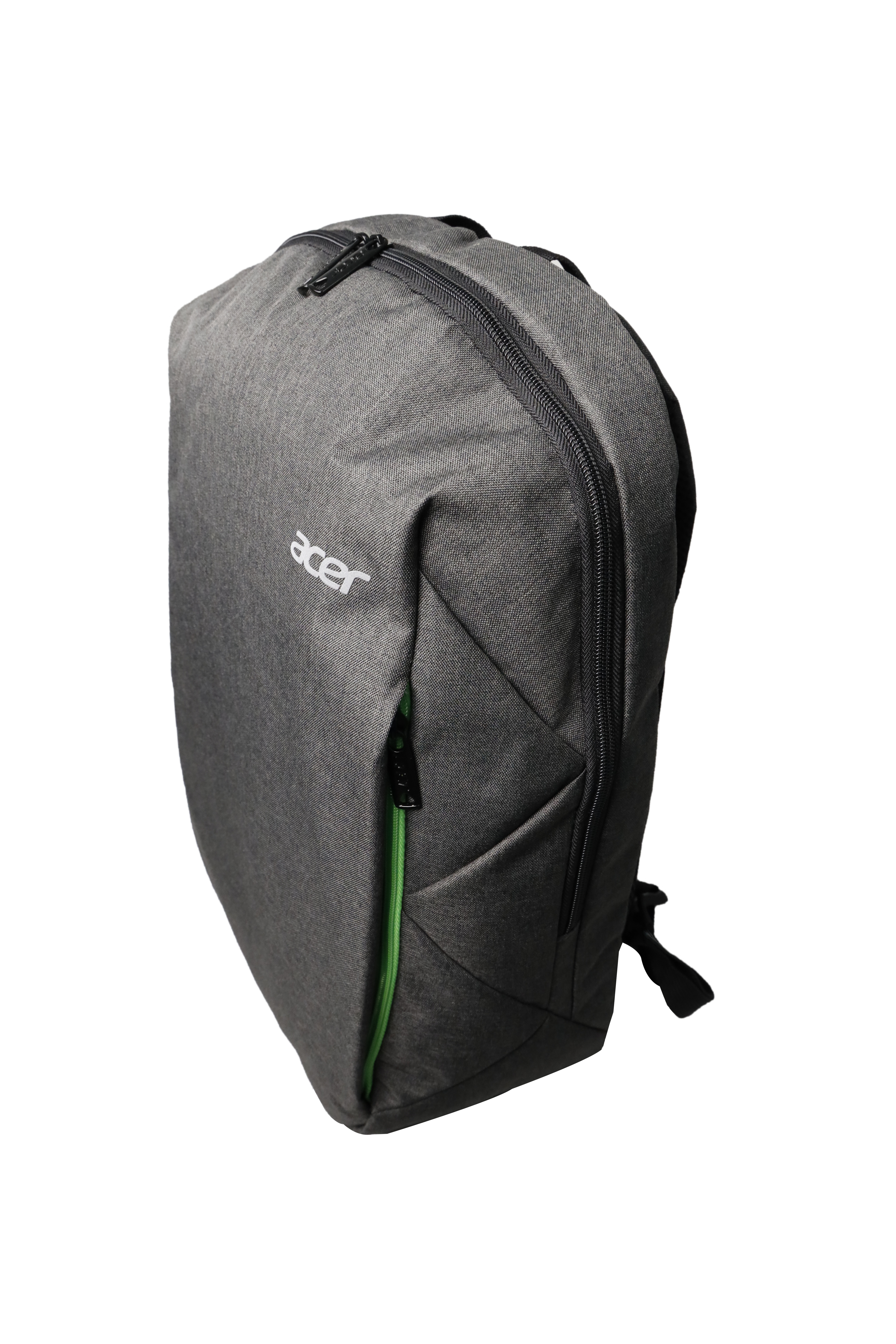 Ein grauer Acer-Rucksack mit schwarzen Reißverschlüssen und einem grünen Reißverschluss auf weißem Hintergrund.
