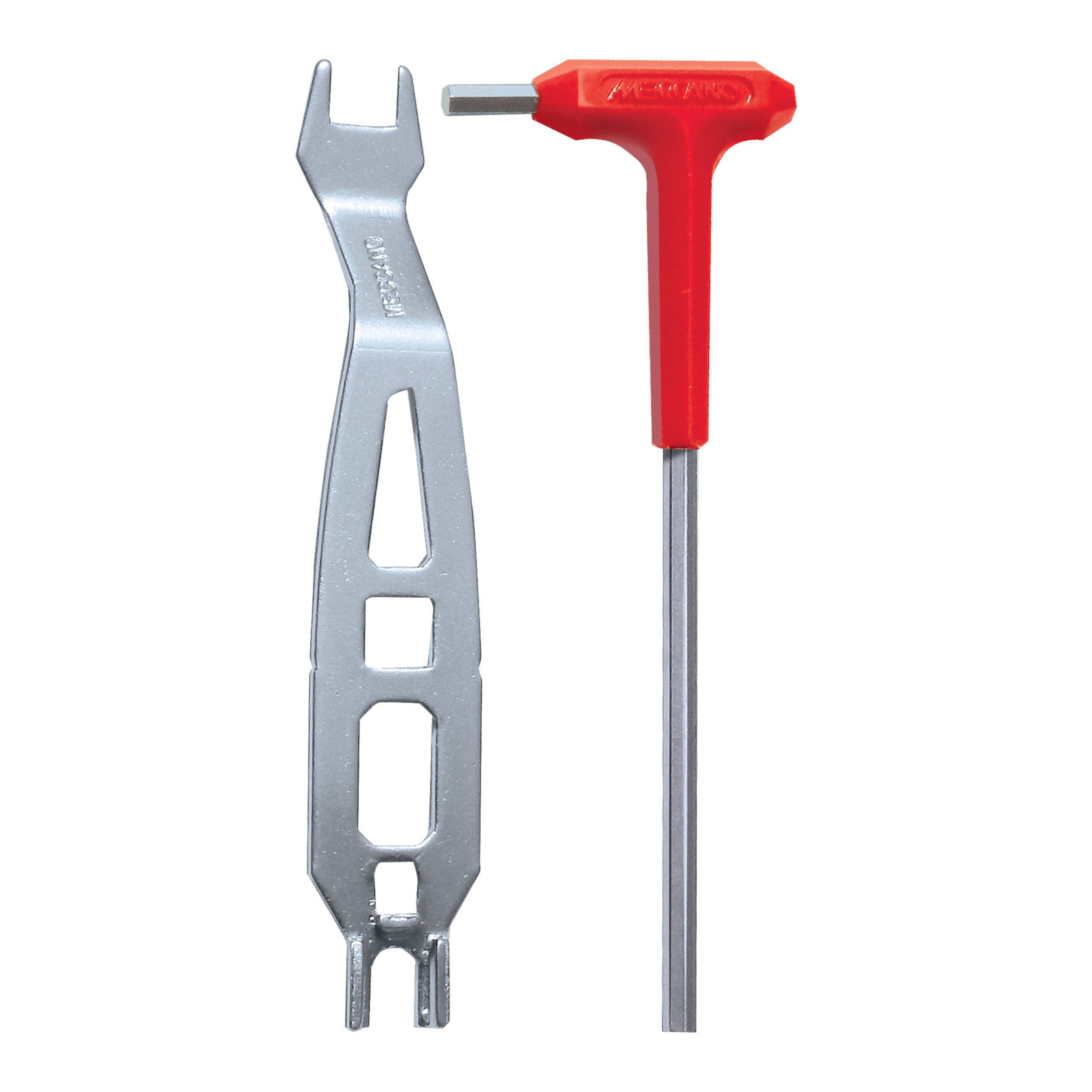 Obraz pokazuje dwa narzędzia: srebrny klucz i czerwony klucz imbusowy z uchwytem T.