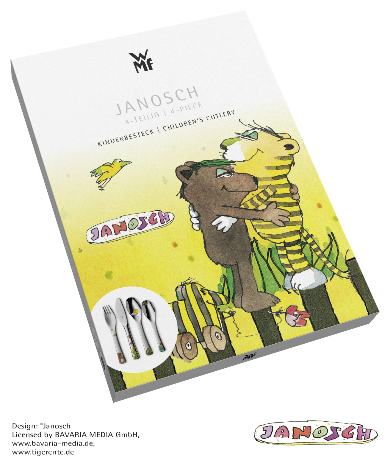 Schachtel mit Kinderbesteck, Cartoon-Tiger und -Bär umarmen sich. Gelber Hintergrund, ein Vogel und das Wort Janosch.