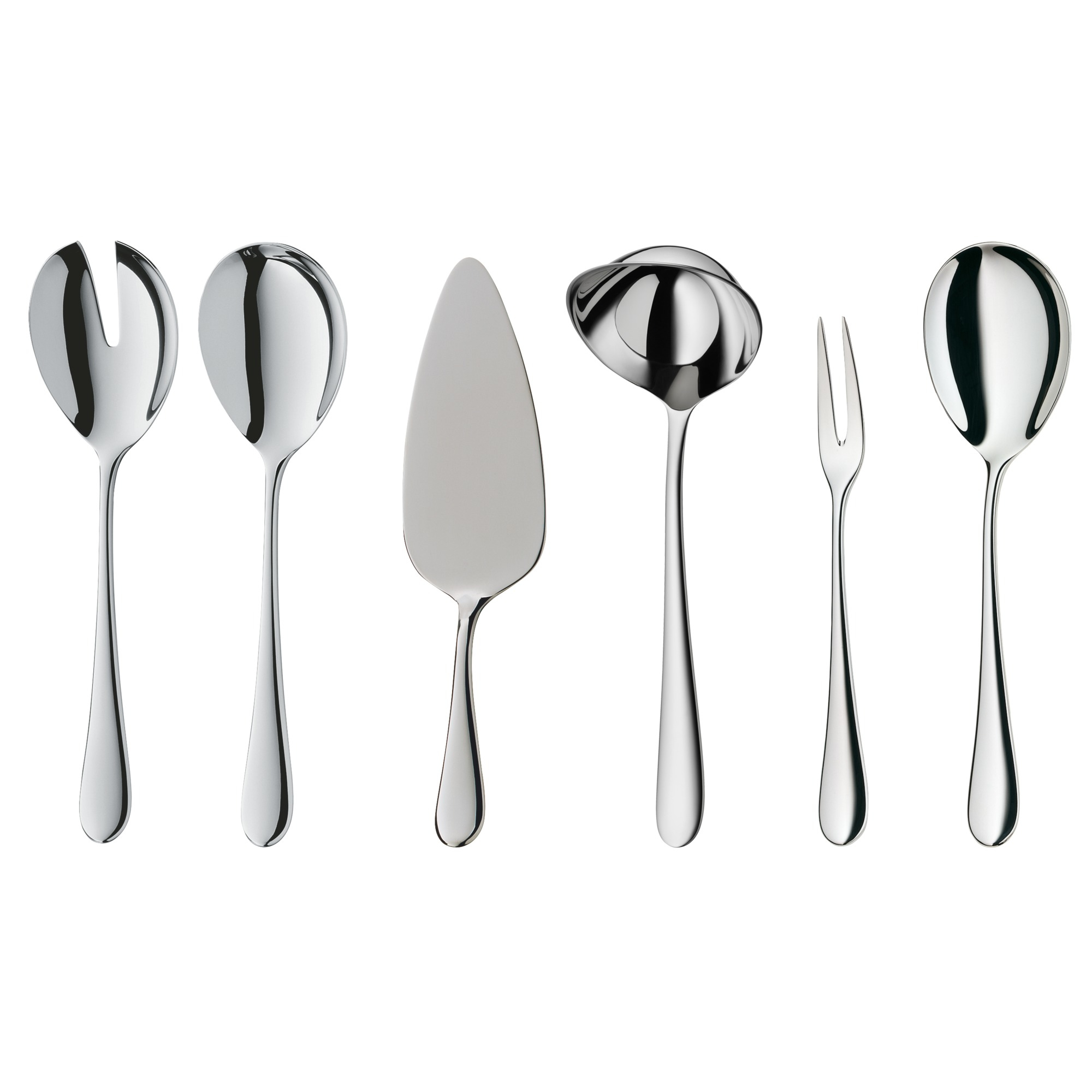 Silbernes Besteckset auf weißem Hintergrund. Enthält Salatbesteck, Löffel, Tortenheber, Schöpflöffel, Gabel. Alle glänzend.