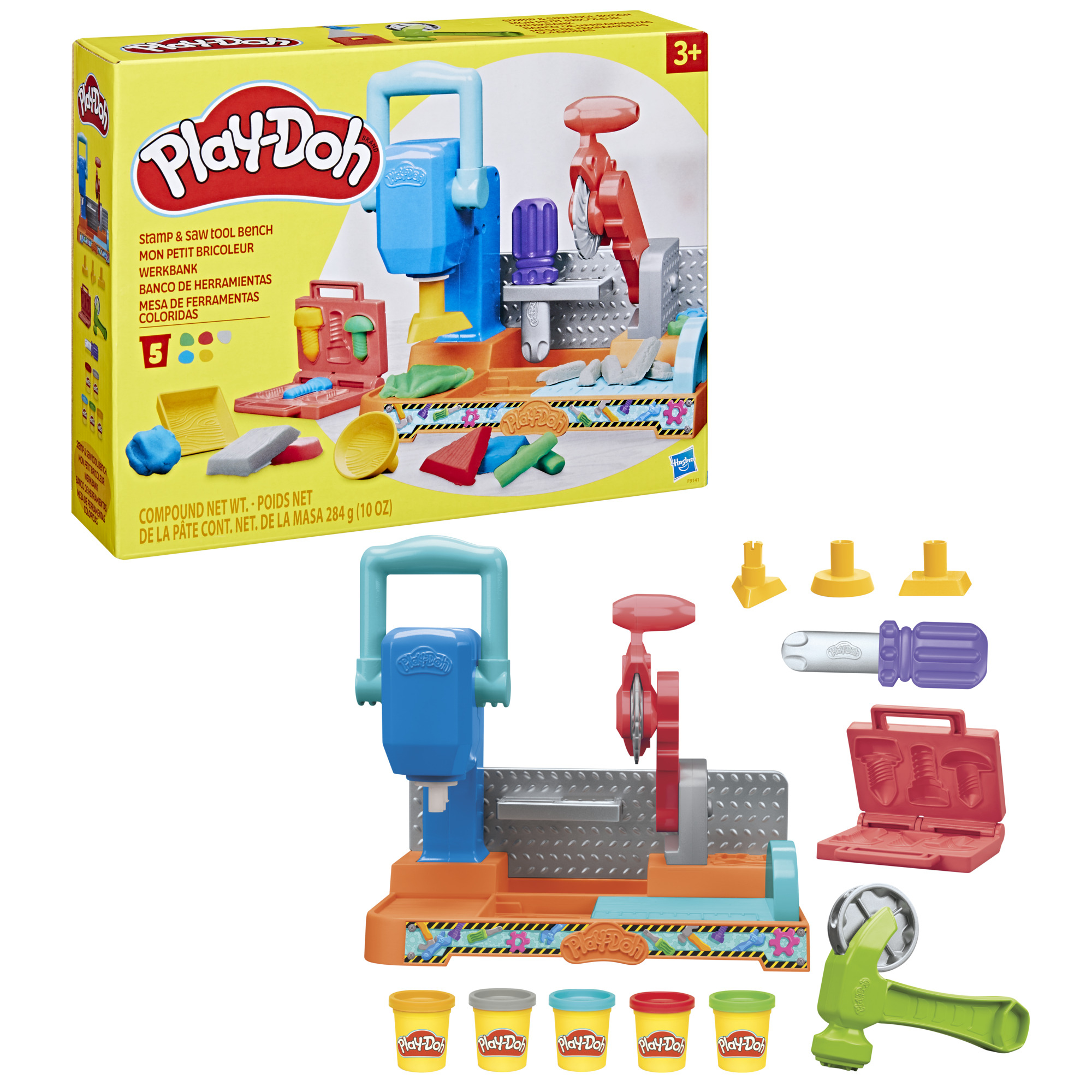 Set de Play-Doh con banco de herramientas, varias herramientas y botes de Play-Doh coloridos. La caja muestra el set, con herramientas y plastilina.