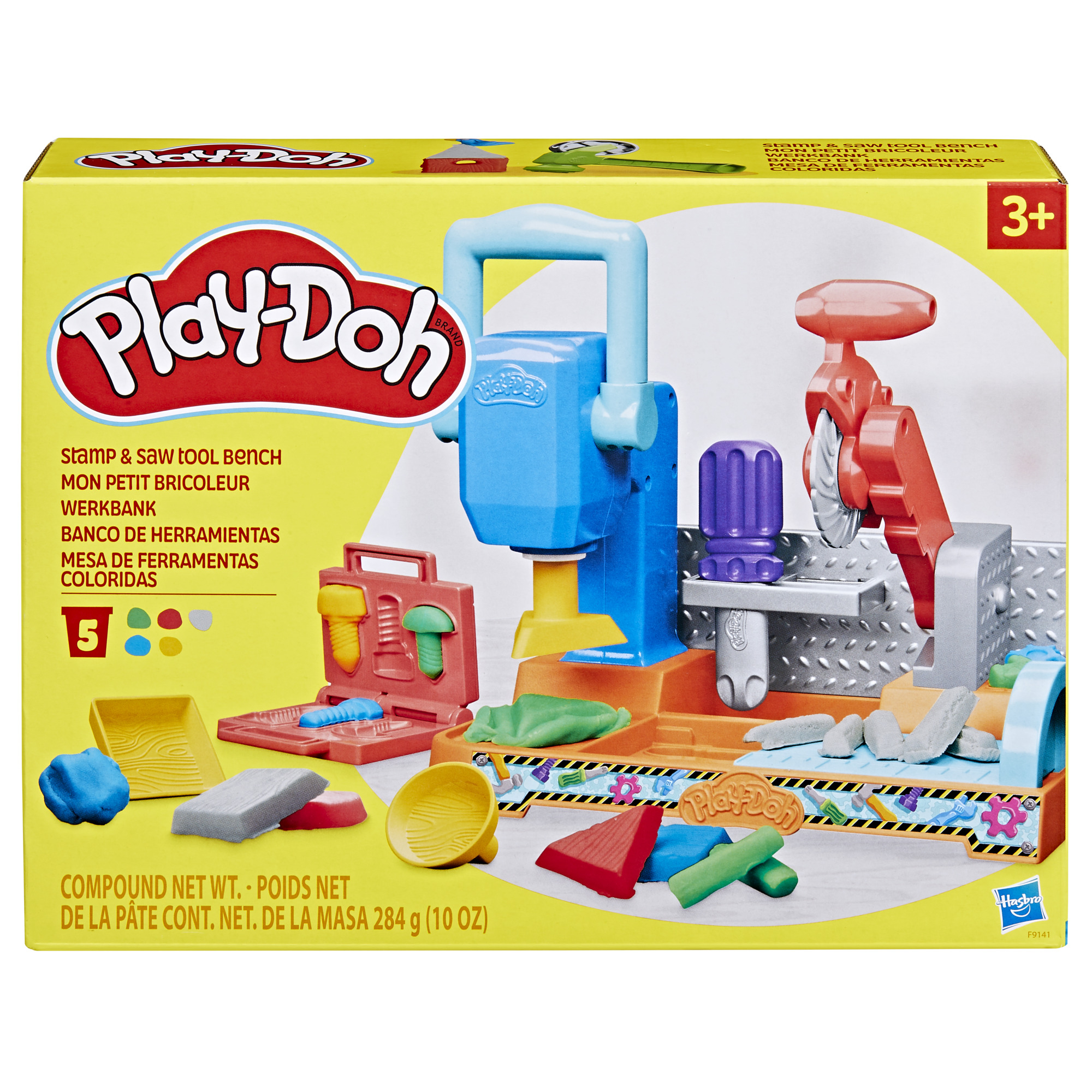 Set de juguetes Play-Doh con herramientas azules, naranjas y rojas. Incluye sierra, sello y plastilina.