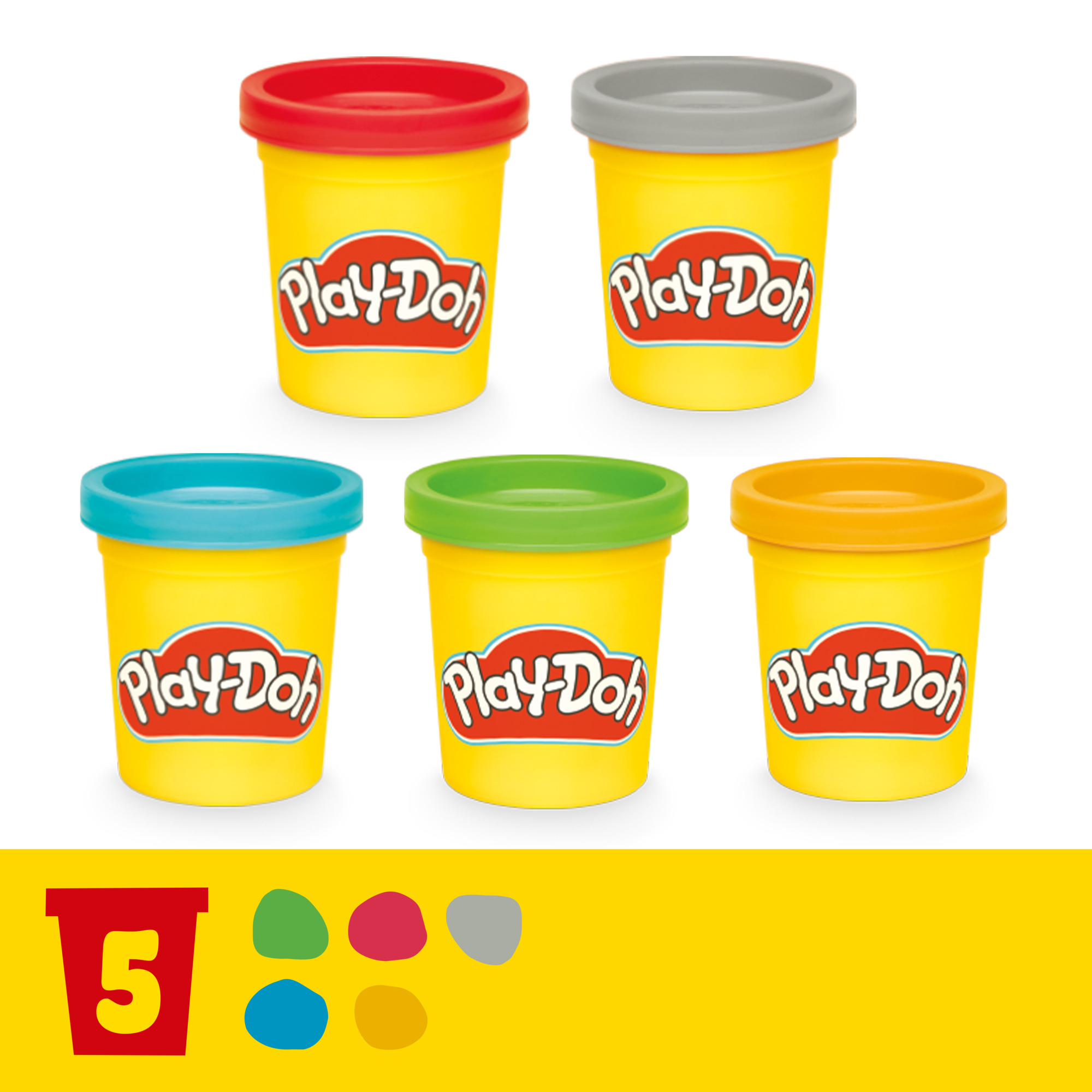 Cinco recipientes de Play-Doh, tapas rojas, grises, azules, verdes y naranjas. Un '5' con puntos de color debajo, sobre un fondo amarillo.