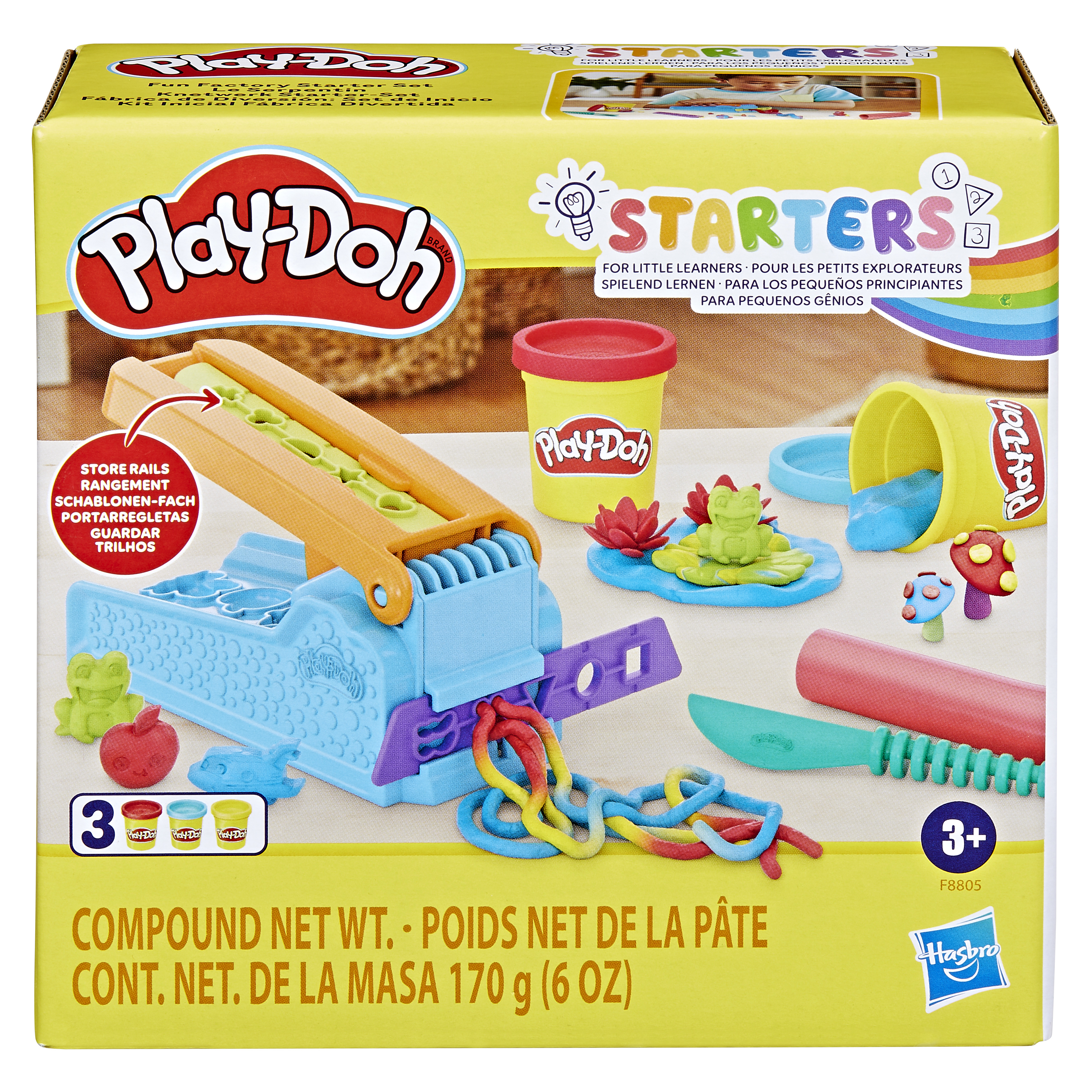 Caja del set Play-Doh Fun Factory. Cuenta con herramientas, plastilina y formas coloridas. Incluye una máquina, moldes y accesorios.