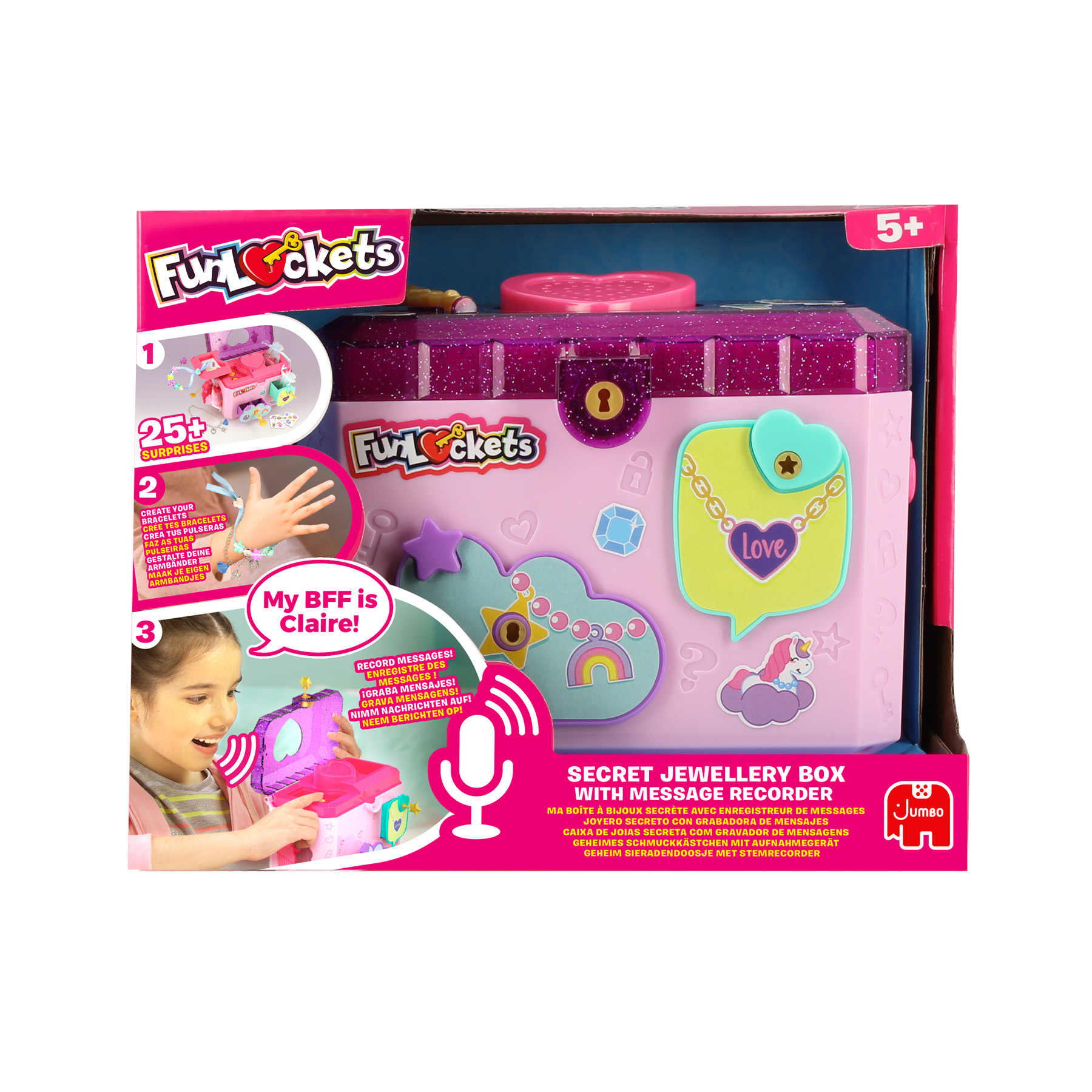 Różowe pudełko na biżuterię z blatem w kształcie serca i naklejką z jednorożcem. Tekst i zdjęcia bransoletek i dziewczyny.