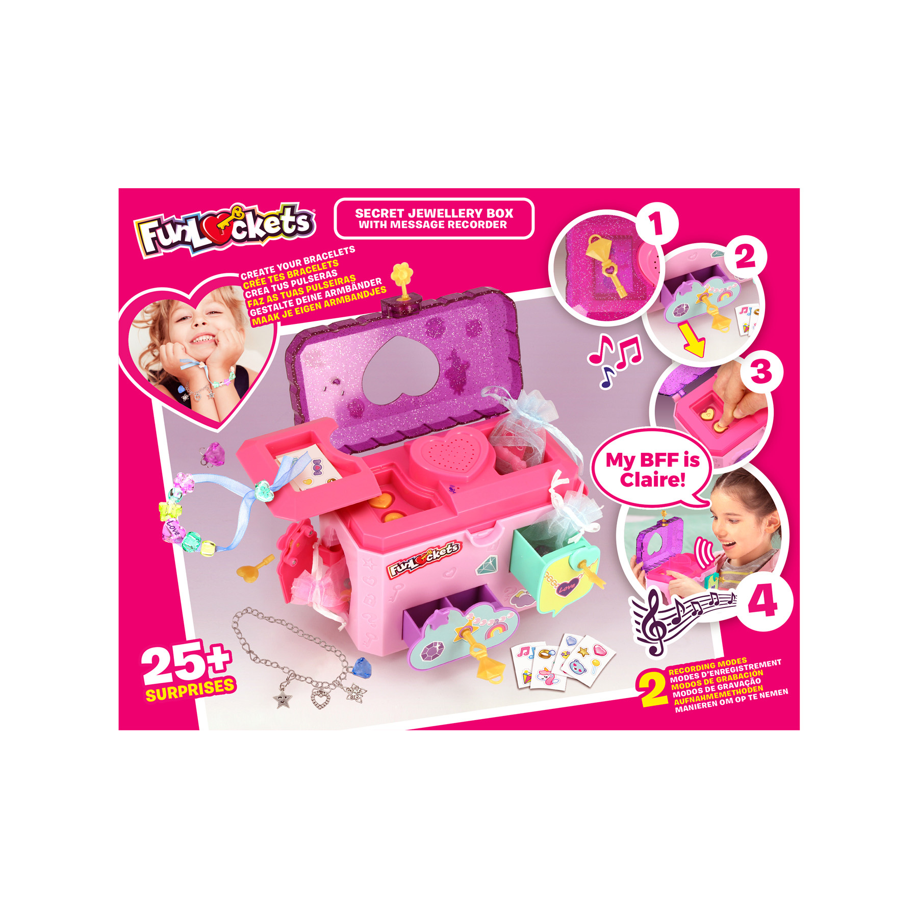 Różowe pudełko na biżuterię z bransoletkami, naklejkami i dziewczynką. Tekst mówi 'Fun Lockets' i '25+ niespodzianek'.