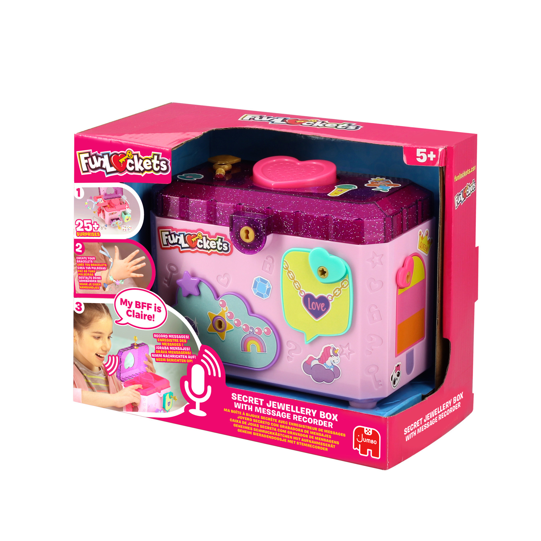 Różowe pudełko na biżuterię FunLockets z rejestratorem wiadomości. Pudełko ma naklejki i guzik w kształcie serca.