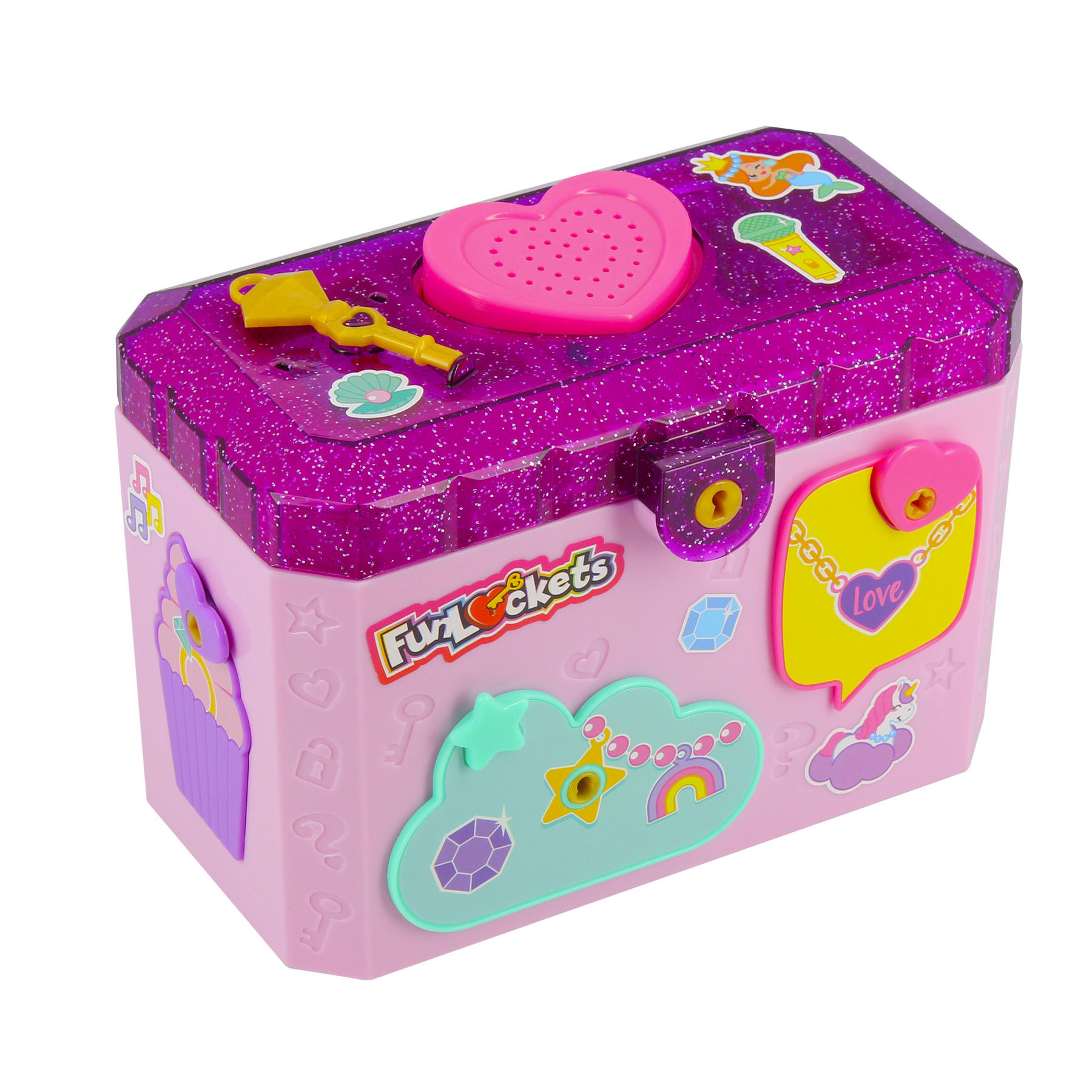 Różowe pudełko na zabawki z blatem w kształcie serca. Ma naklejki z chmurami, gwiazdami i jednorożcem. Widoczny jest również klucz.
