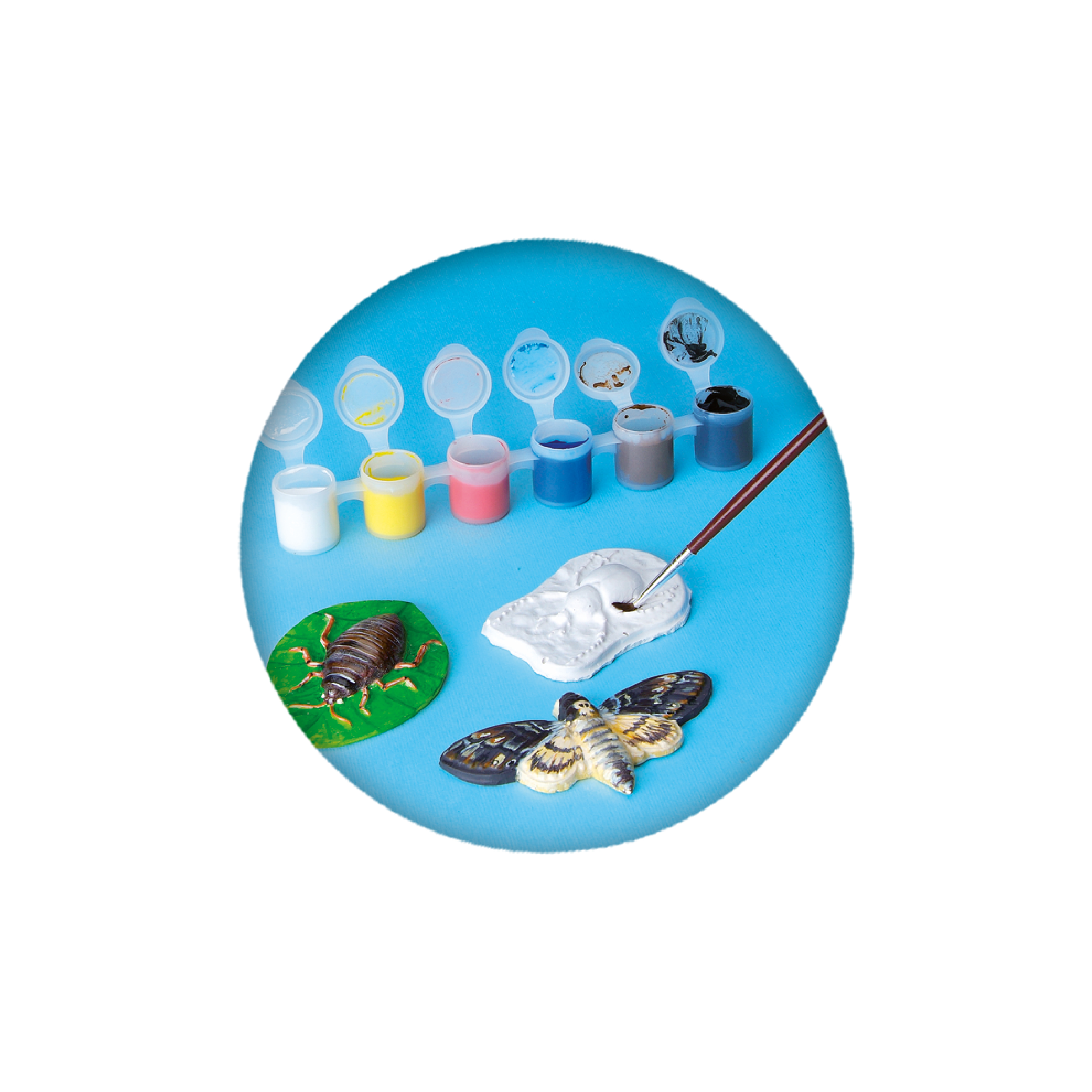 Zestaw rzemieślniczy z farbami, pędzlem i formami owadów na niebieskiej powierzchni. Zawiera malowane owady.