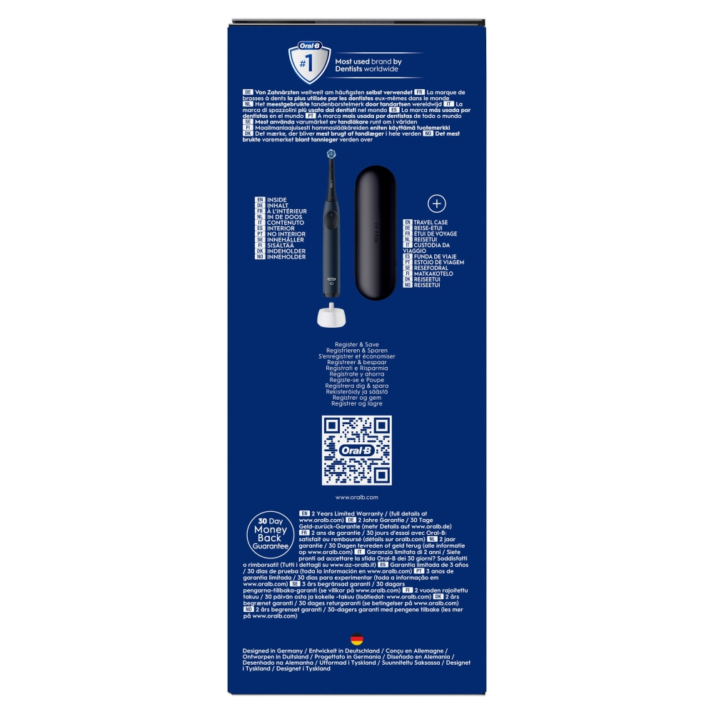 Uno spazzolino elettrico Oral-B, custodia da viaggio nera e dettagli del prodotto su bianco.