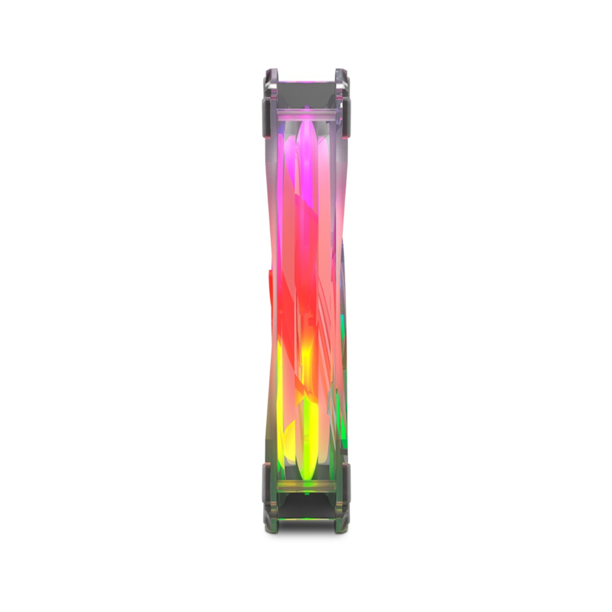 Un ventilador de computadora con luces LED coloridas. El ventilador es vertical, con un cuerpo transparente y luces vibrantes rosas, rojas, amarillas y verdes.