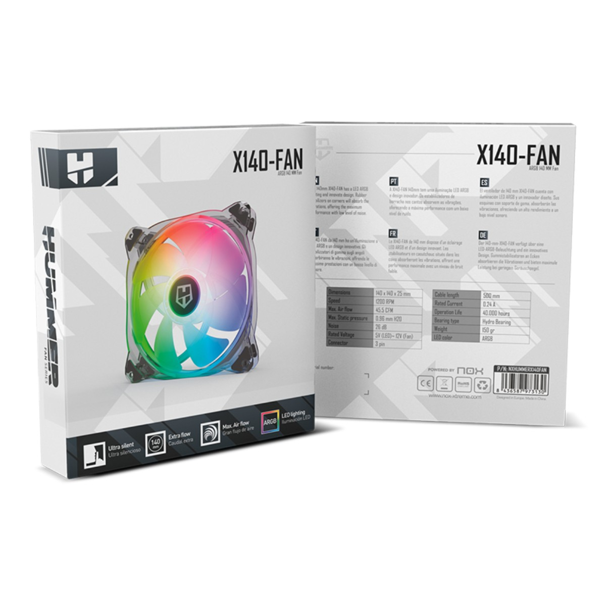 Una caja de ventilador de computadora con un ventilador colorido en el interior. Detalles del producto.