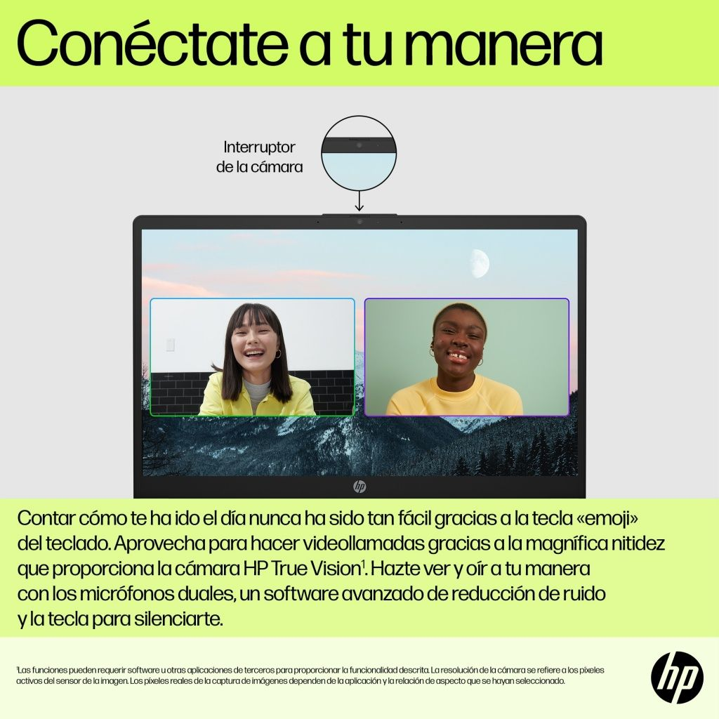 Pantalla de portátil con dos ventanas de videollamada. Las mujeres sonríen. Texto superior: Conéctate a tu manera. El texto inferior está en español.